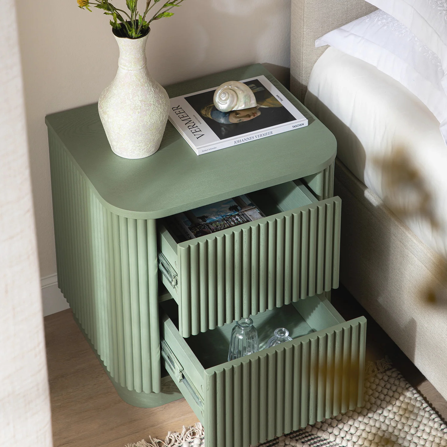 Maru 2-Drawer Bedside Table, Sage Green - Image 3