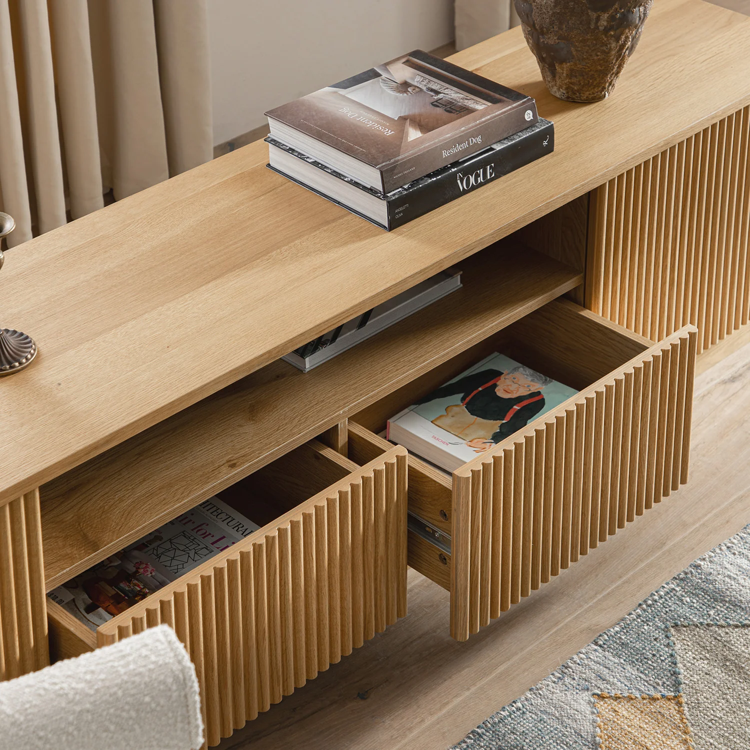 Maru 200cm Wide TV Unit with Drawers, Oak - Image 5