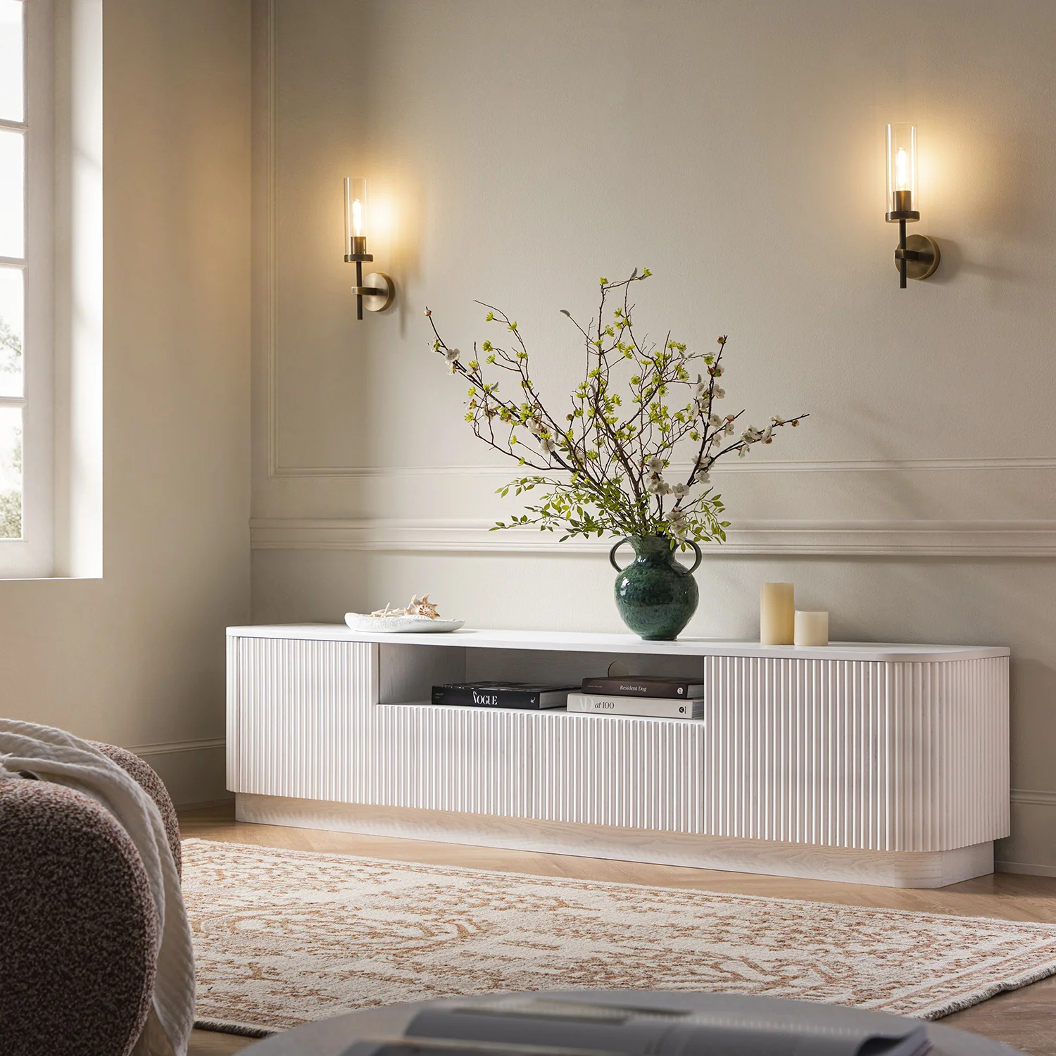Maru 200cm Wide TV Unit with Drawers, Washed White - Image 2