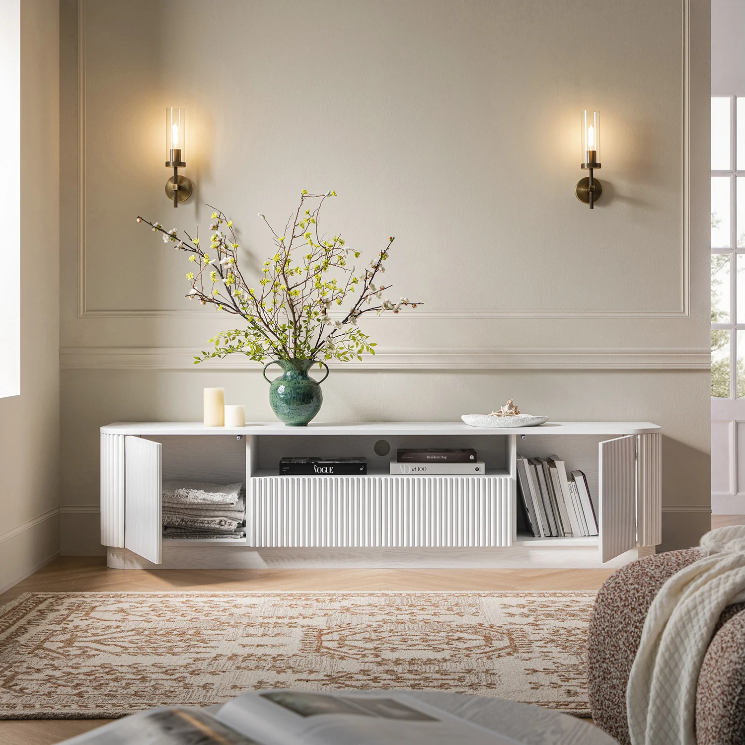 Maru 200cm Wide TV Unit with Drawers, Washed White - Image 3
