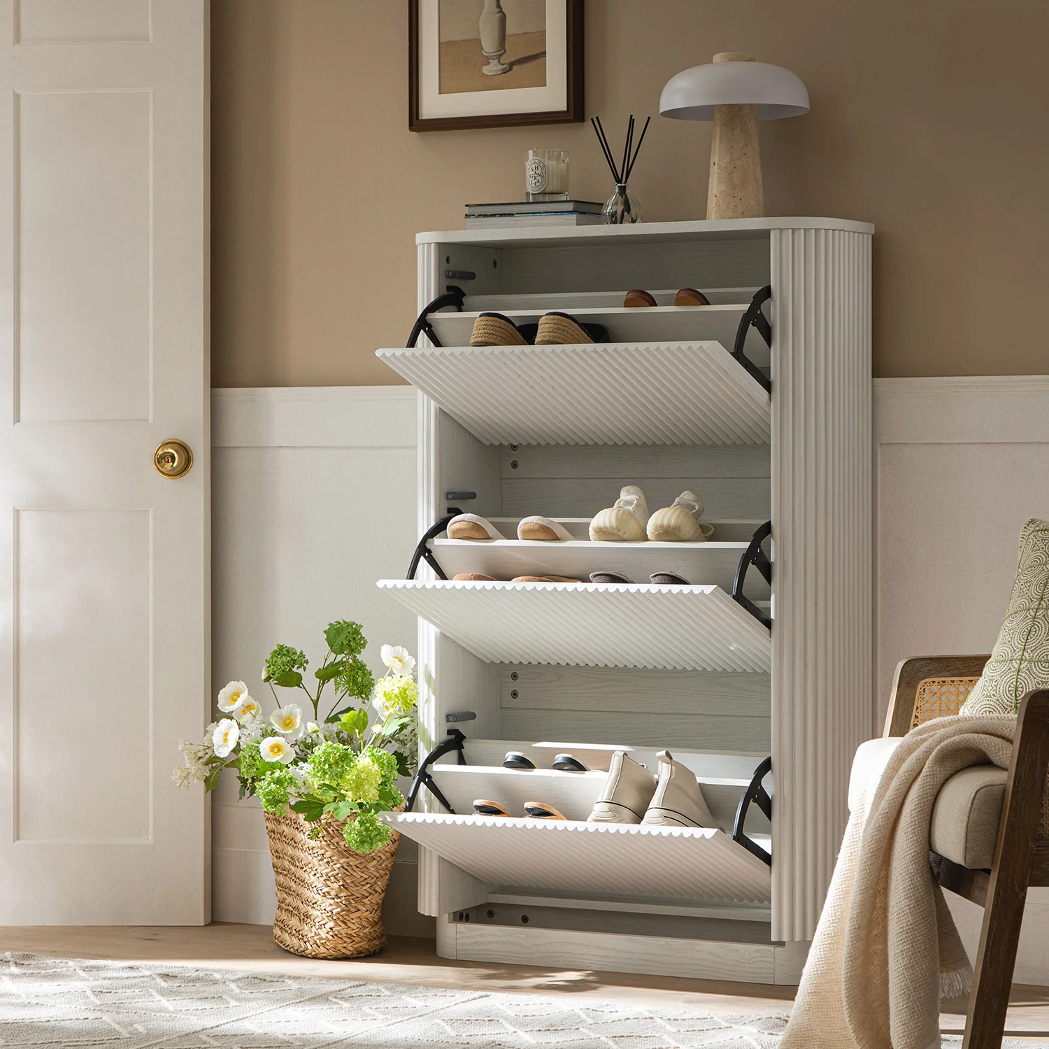 Maru 3-Door Shoe Storage Cabinet, Washed White - Image 2