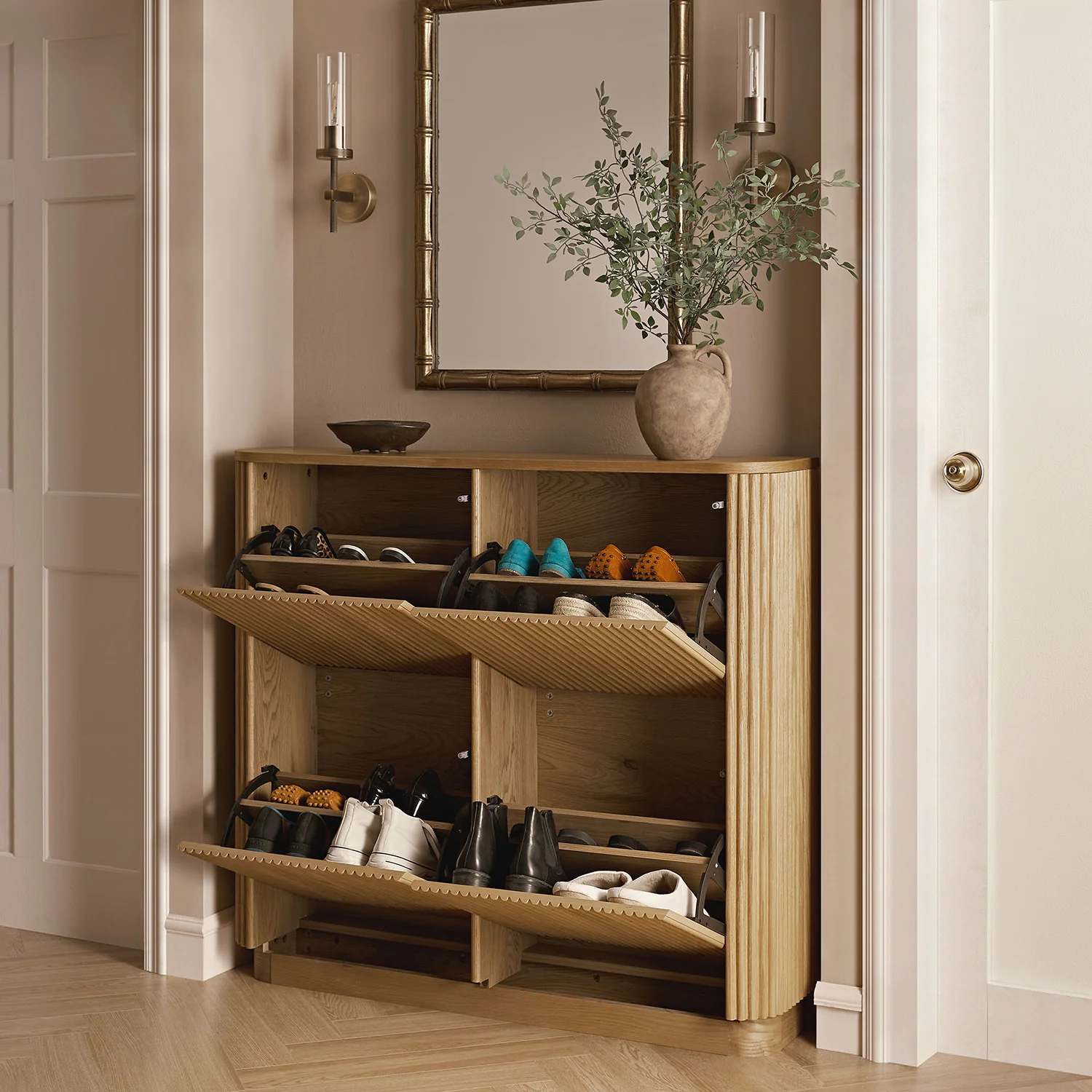 Maru 4-Door Shoe Storage Cabinet, Oak - Image 2