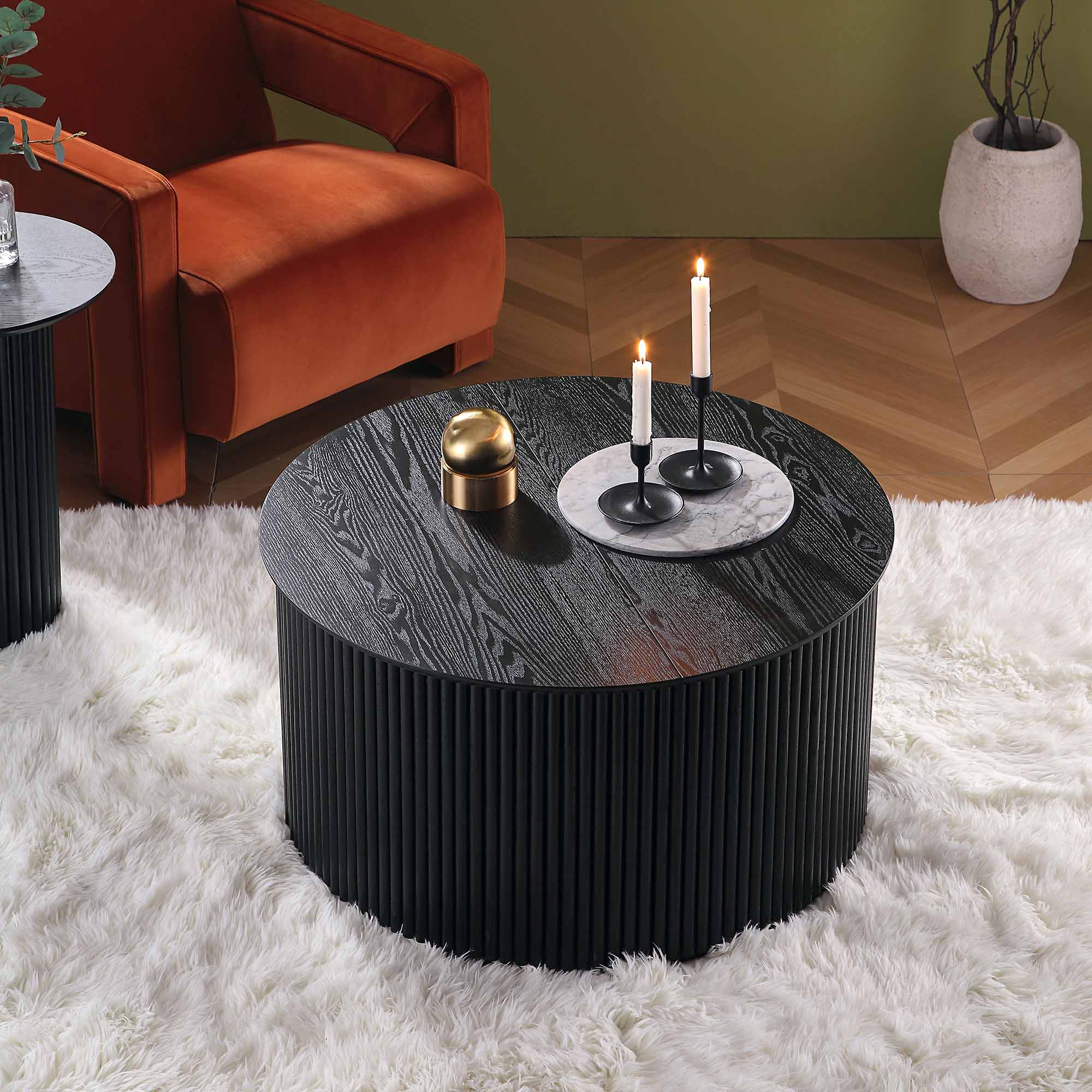 Maru Oak Round Coffee Table with Storage, Black - Image 2