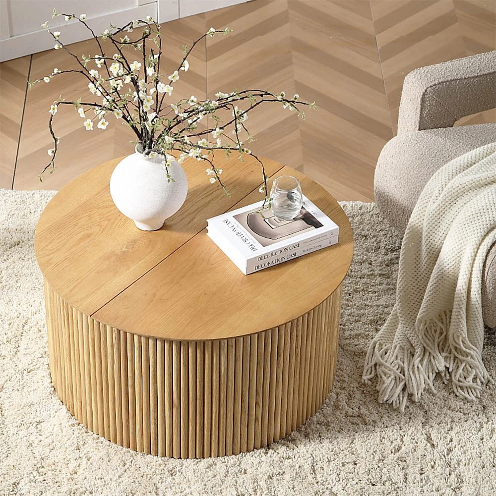 Maru Oak Round Coffee Table with Storage, Oak - Image 2