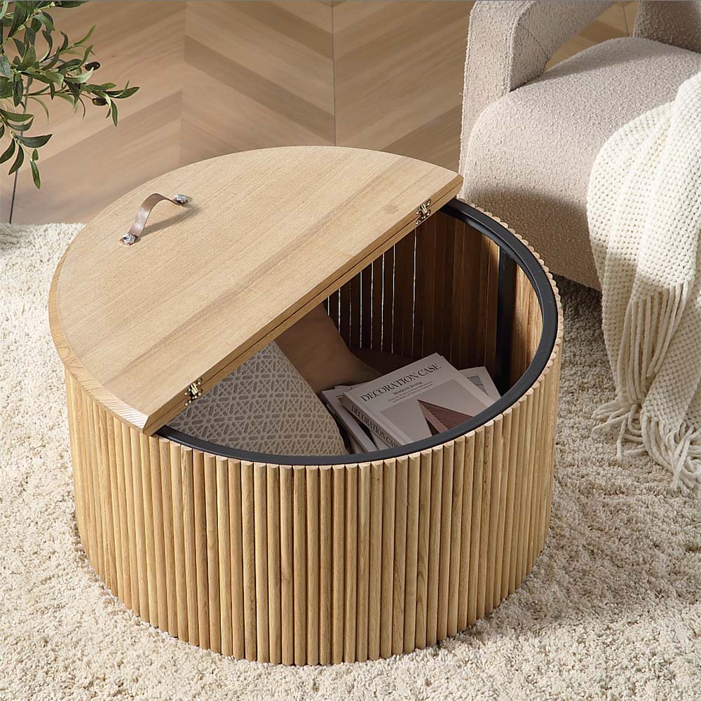 Maru Oak Round Coffee Table with Storage, Oak - Image 3