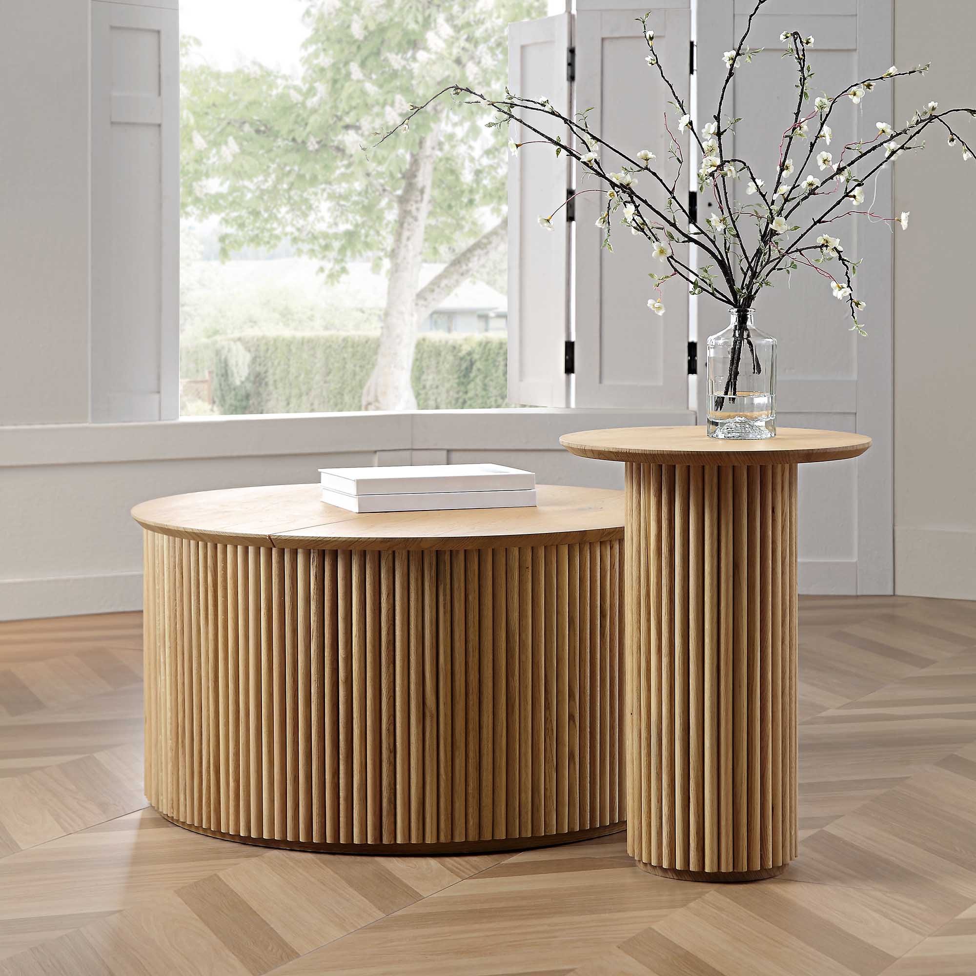 Maru Oak Round Coffee Table with Storage, Oak - Image 4