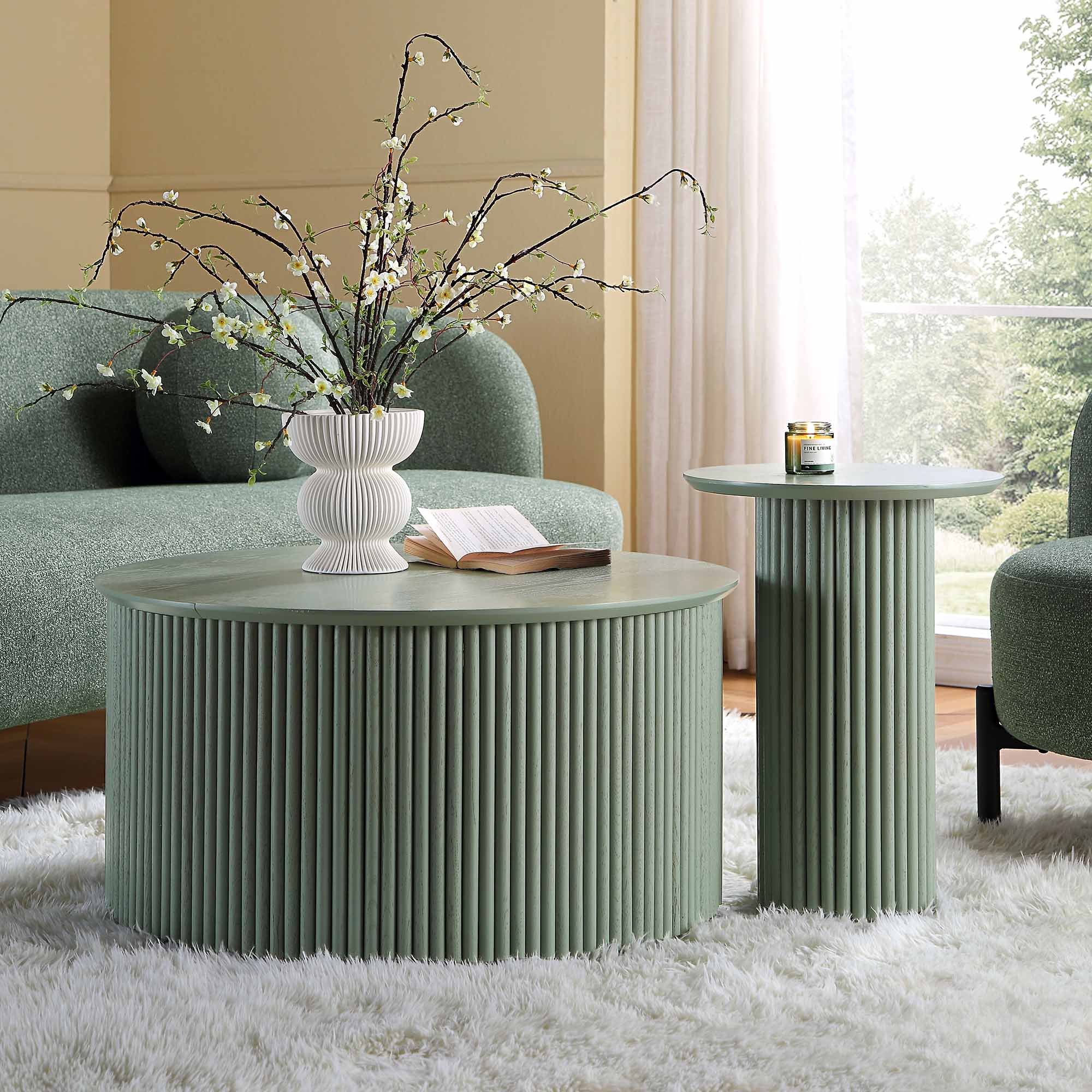 Maru Oak Round Coffee Table with Storage, Sage Green - Image 2