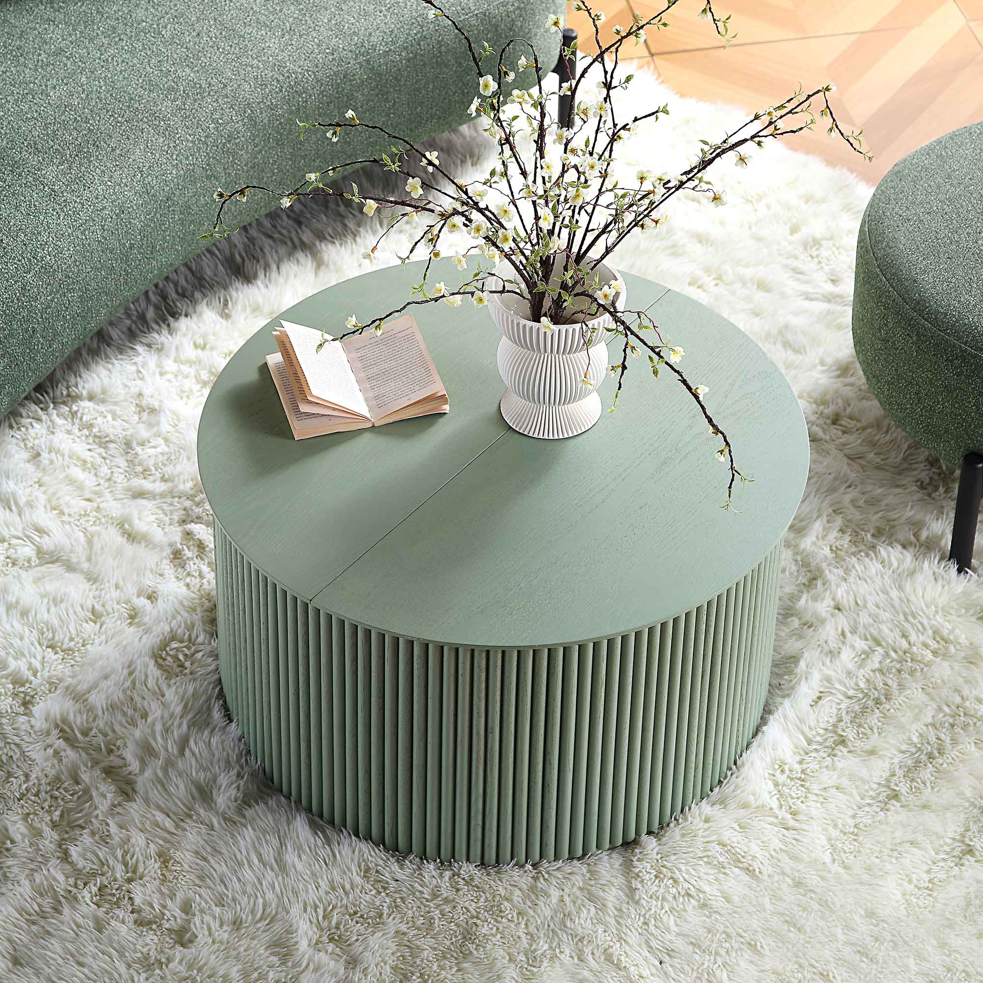 Maru Oak Round Coffee Table with Storage, Sage Green - Image 3