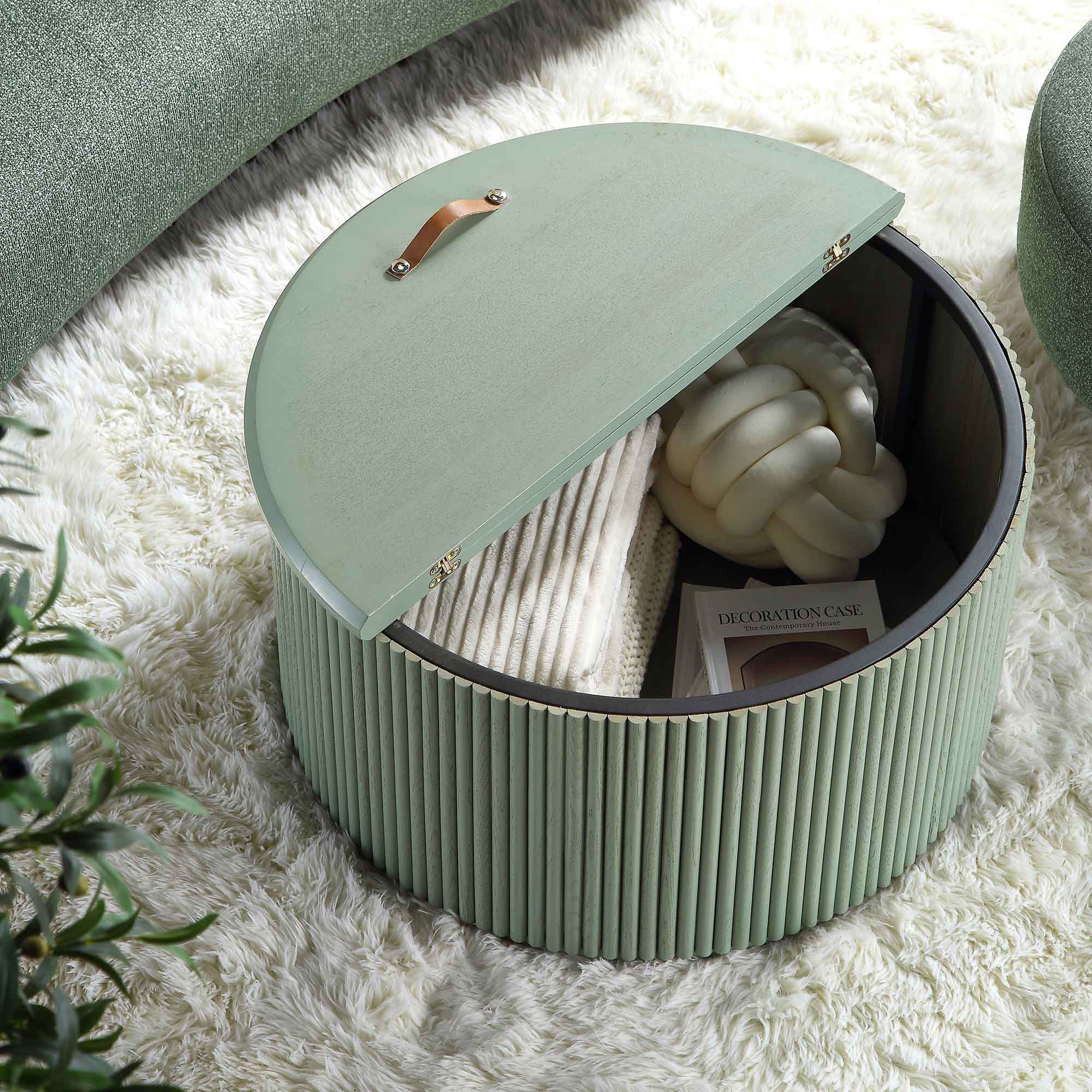 Maru Oak Round Coffee Table with Storage, Sage Green - Image 4
