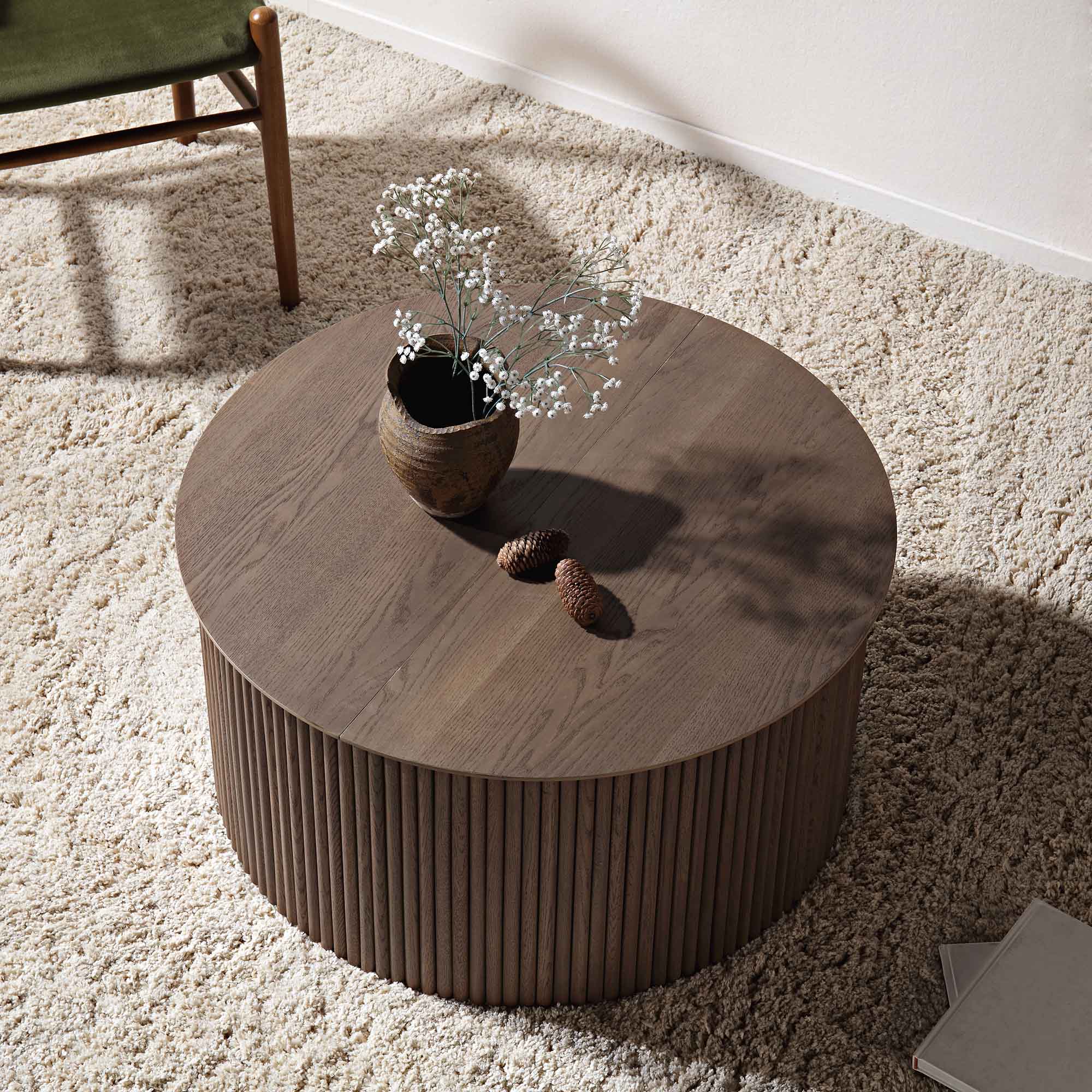 Maru Oak Round Coffee Table with Storage, Silver Oak - Image 3