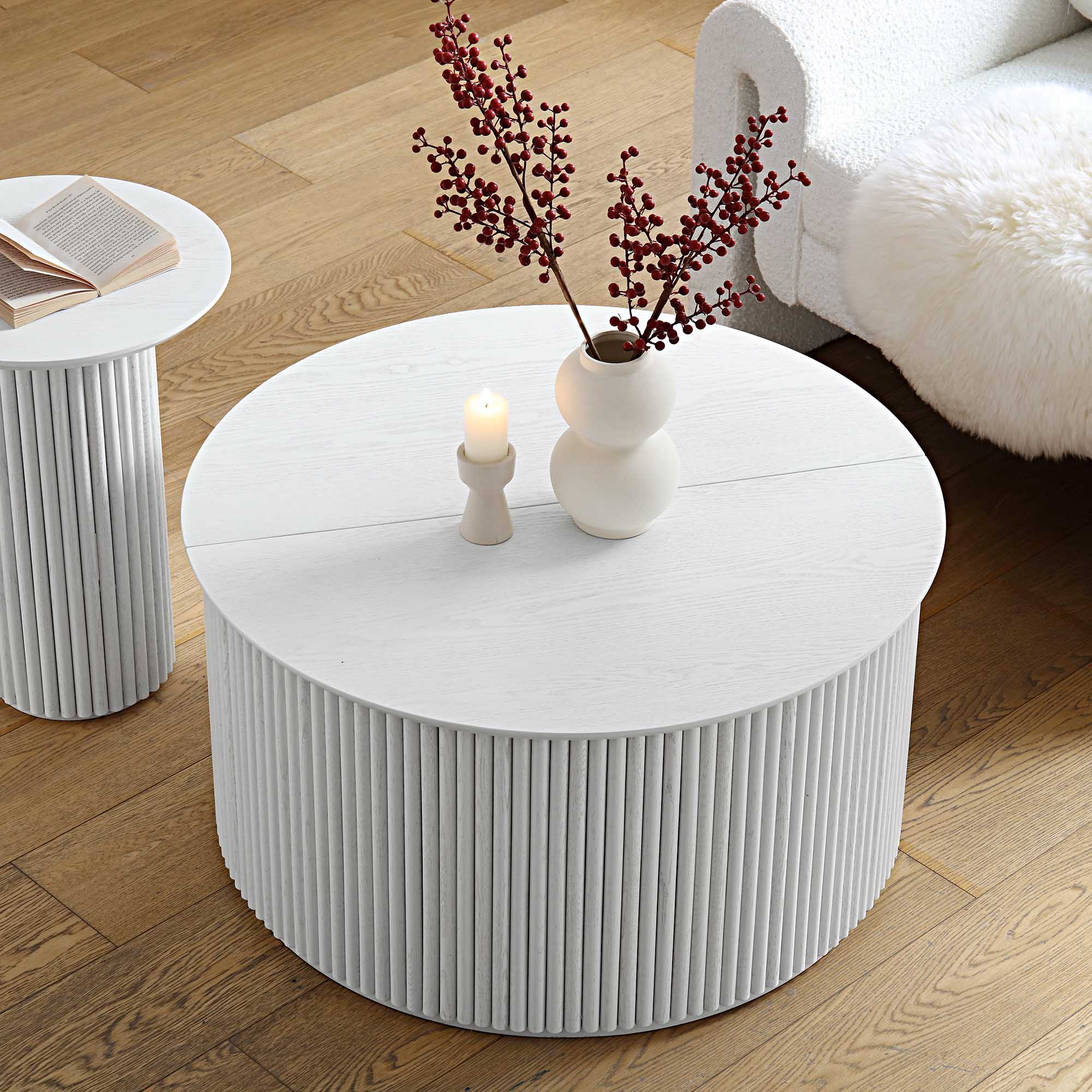 Maru Oak Round Coffee Table with Storage, Washed White - Image 2