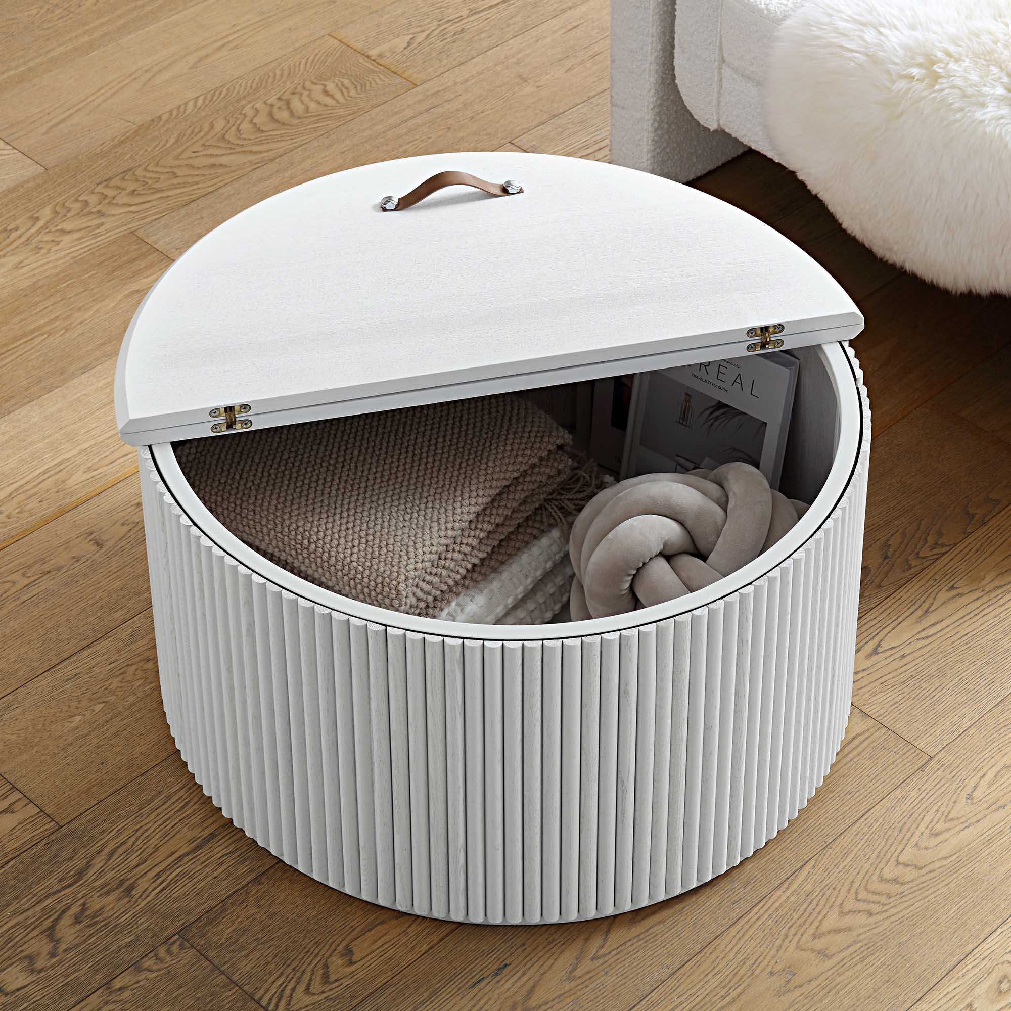 Maru Oak Round Coffee Table with Storage, Washed White - Image 3