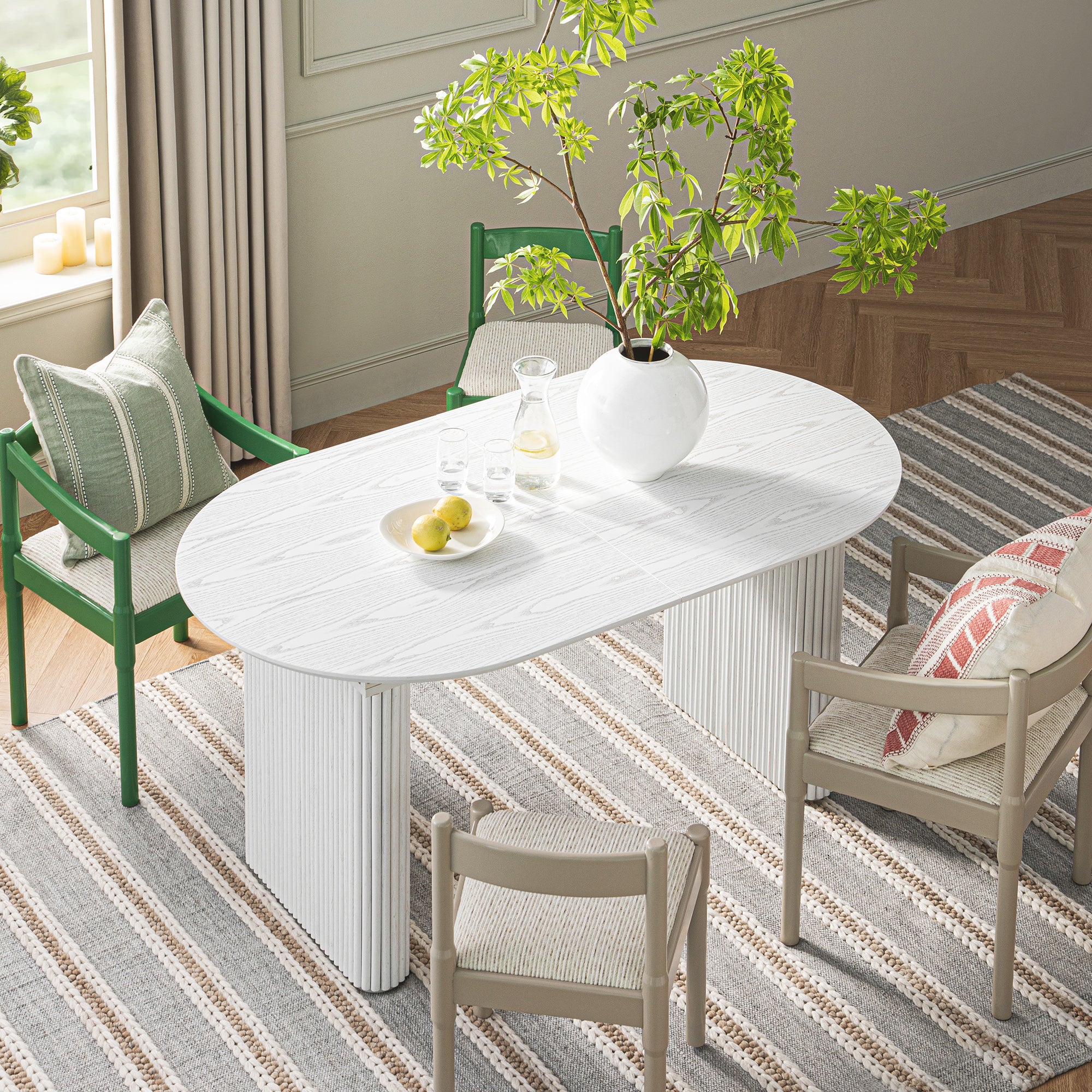 Maru Oval 6-8 Seater Extending Oak Pedestal Dining Table, Washed White - Image 4