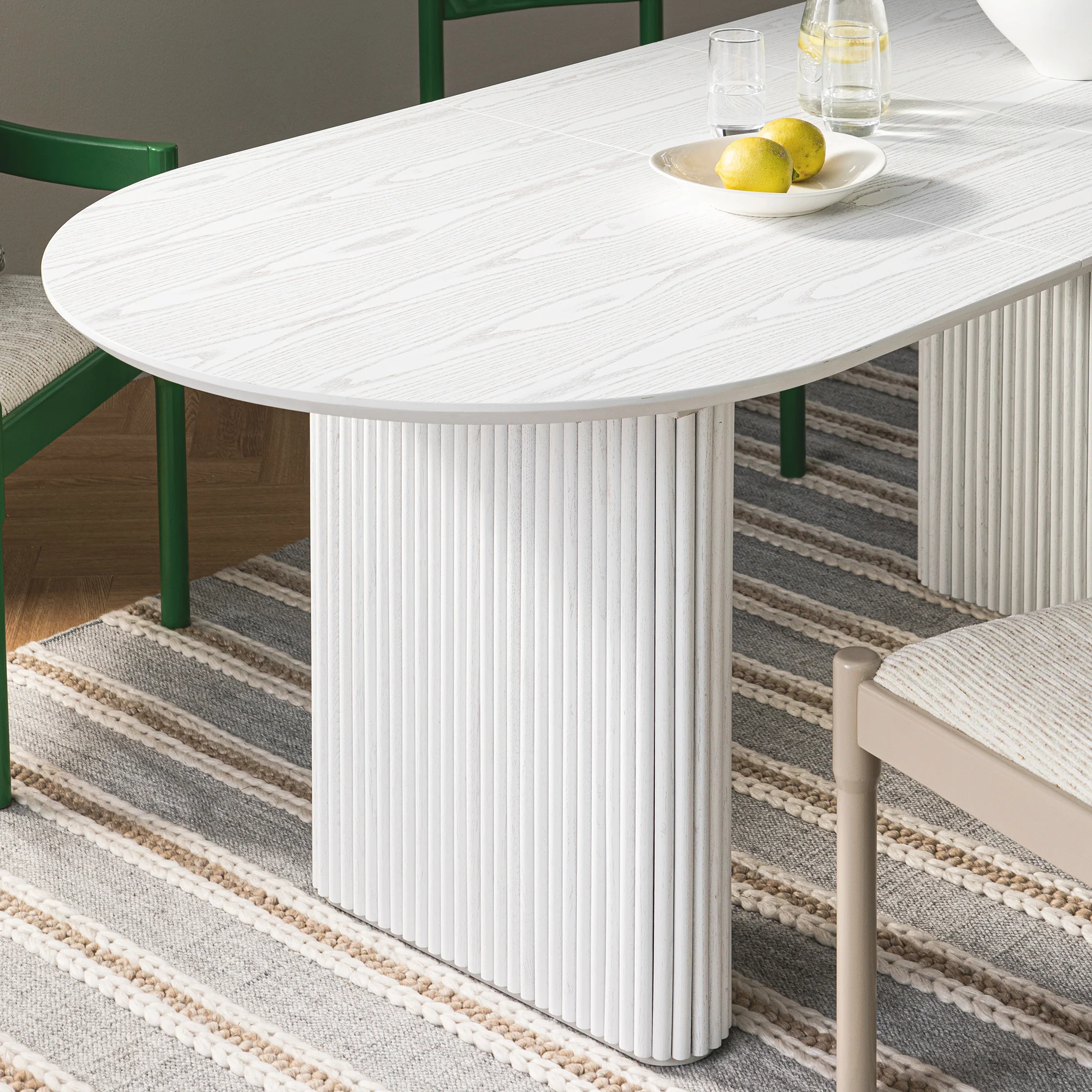Maru Oval 6-8 Seater Extending Oak Pedestal Dining Table, Washed White - Image 6