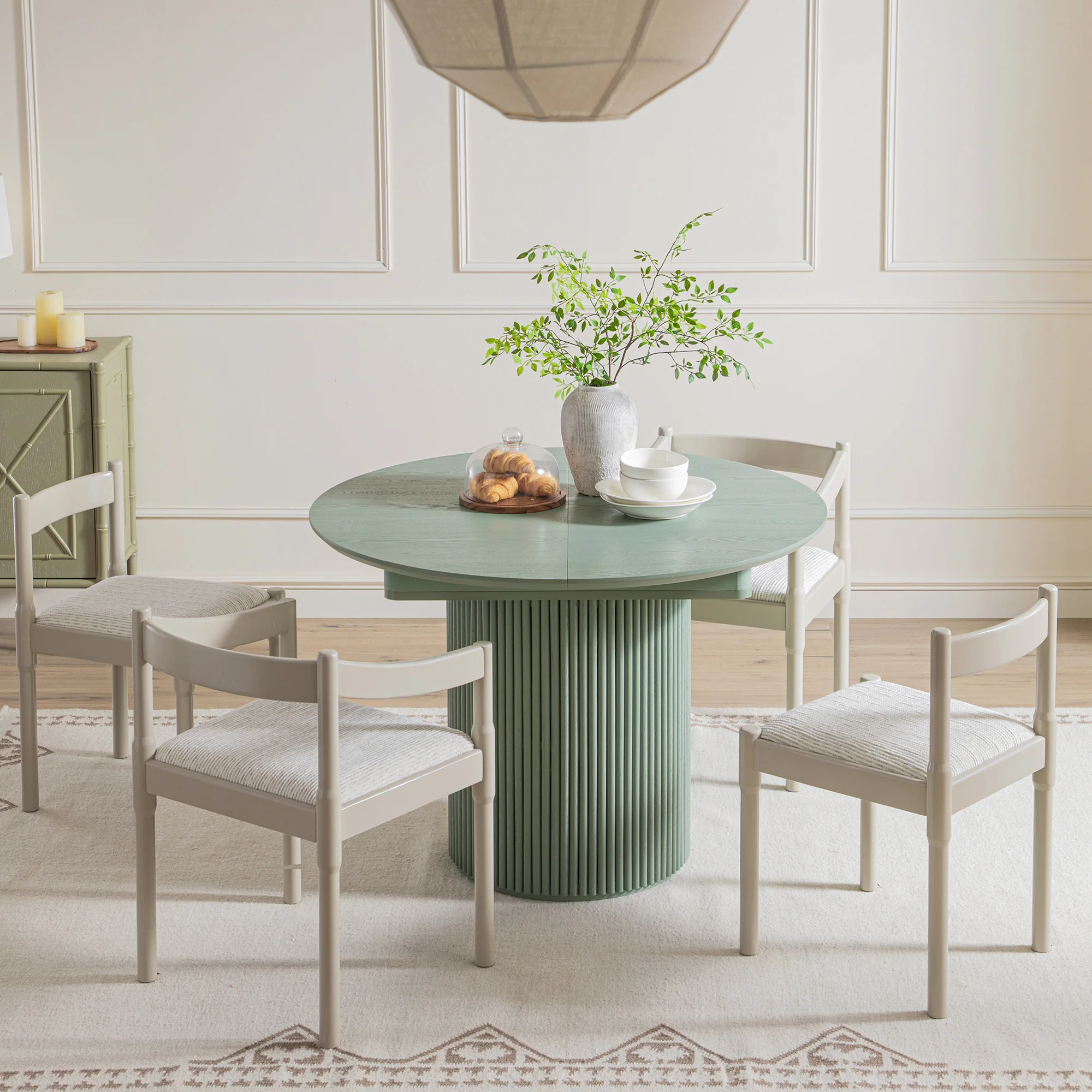 Maru Round 4-6 Seater Extending Oak Pedestal Dining Table, Sage Green - Image 4