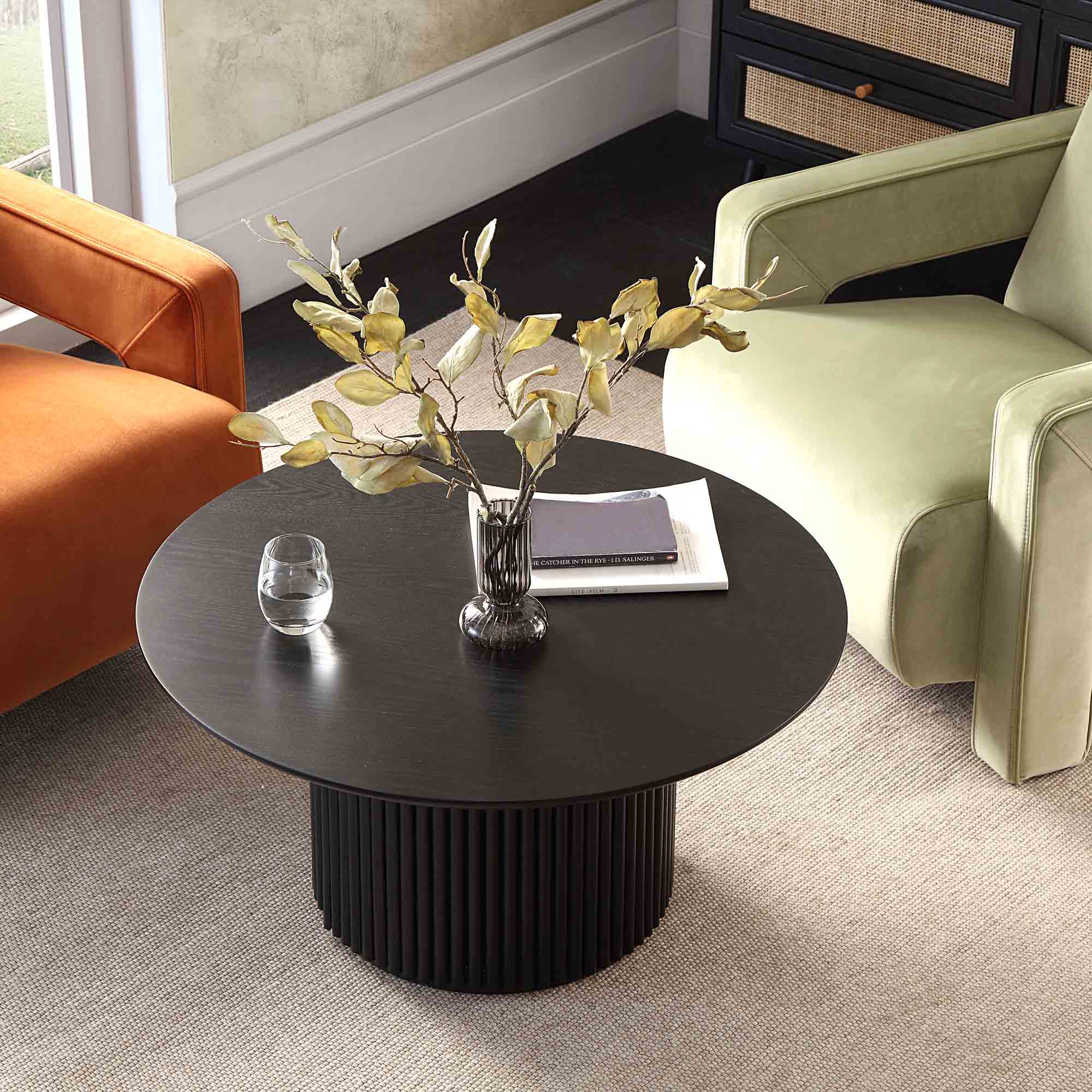Maru Round Oak Pedestal Coffee Table, Black - Image 2
