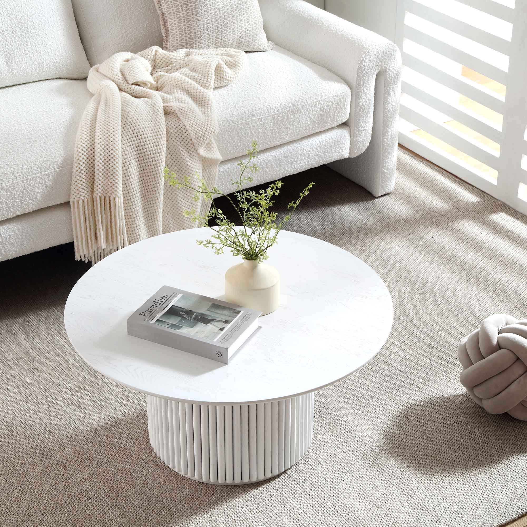 Maru Round Oak Pedestal Coffee Table, Washed White - Image 2