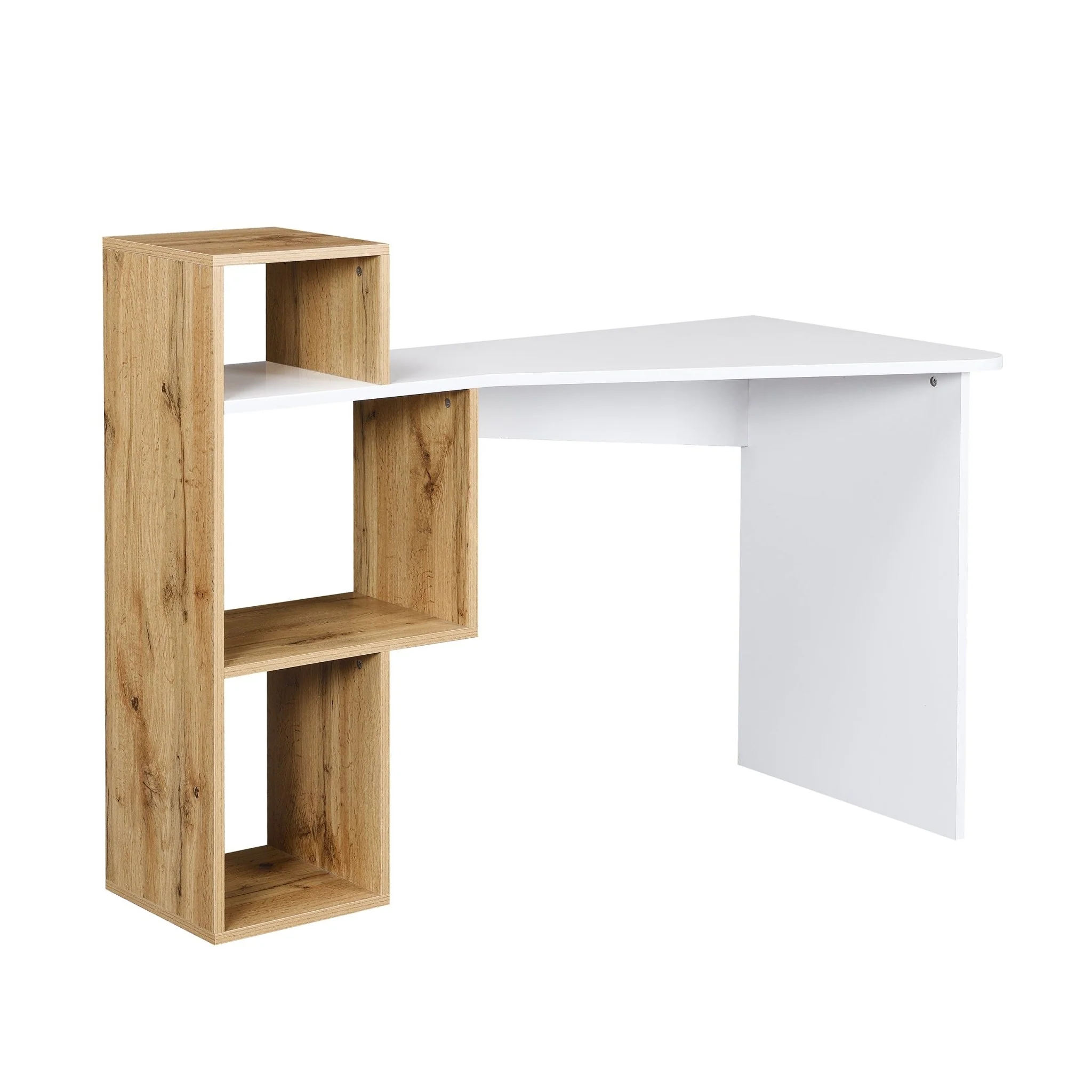 Mason White High Gloss Desk with Oak Effect Shelves - Image 2