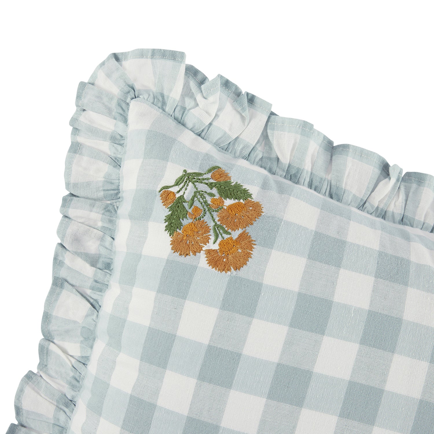 Matilda Blue Gingham Ruffle Floral Embroidered Linen Blend Cushion - Image 4
