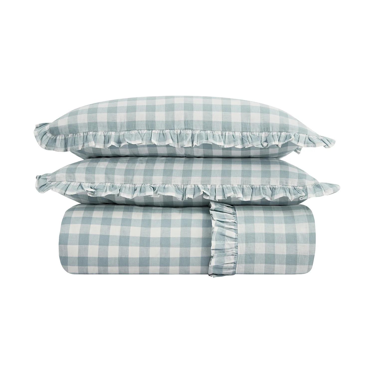Matilda Blue Gingham Ruffle Linen Blend Duvet Set - Image 2