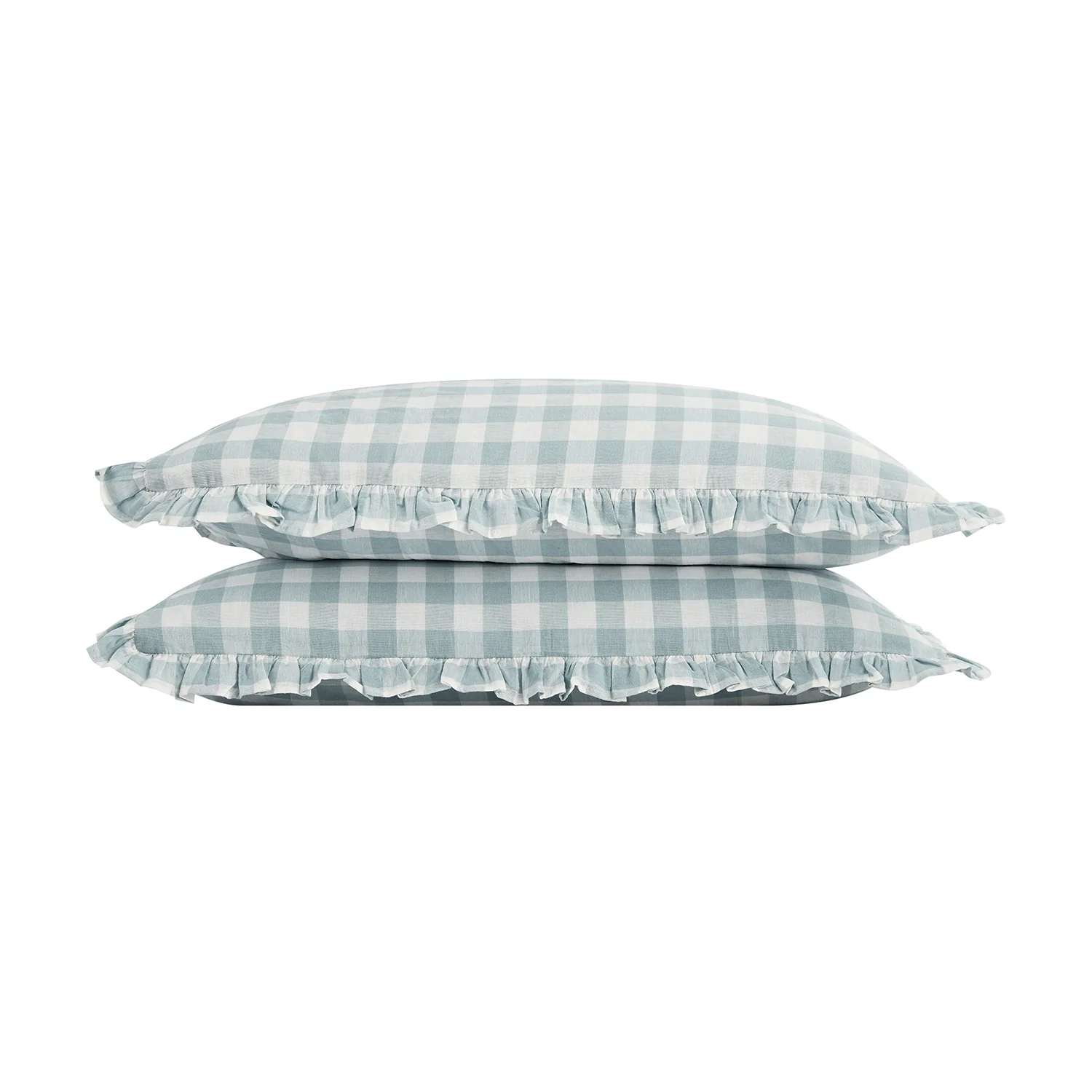 Matilda Blue Gingham Ruffle Linen Blend Pillowcases - Pair
