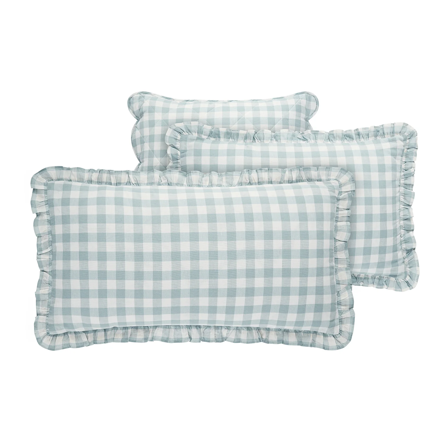 Matilda Blue Gingham Ruffle Linen Blend Pillowcases - Pair - Image 2