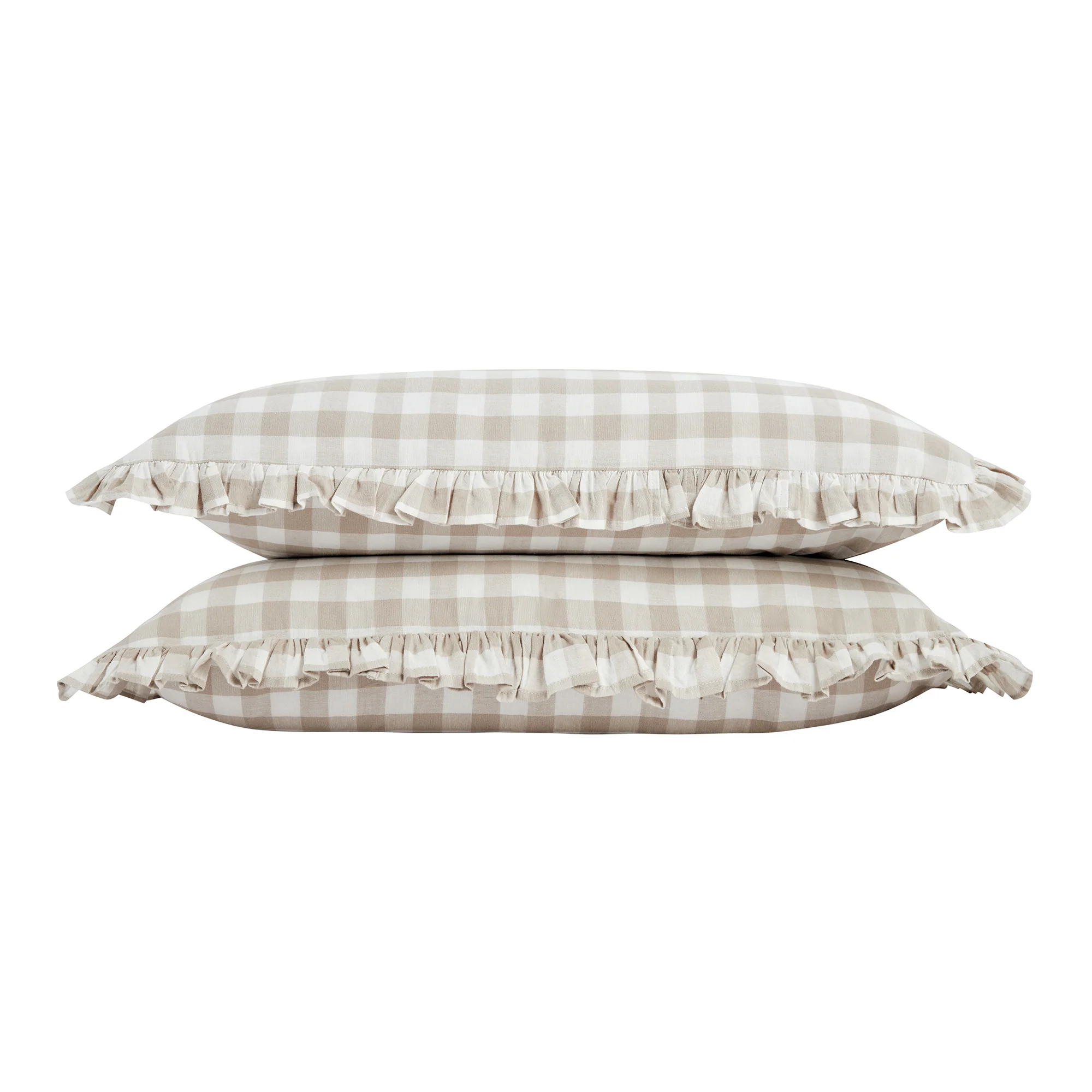 Matilda Beige Gingham Ruffle Linen Blend Pillowcases - Pair - Image 3