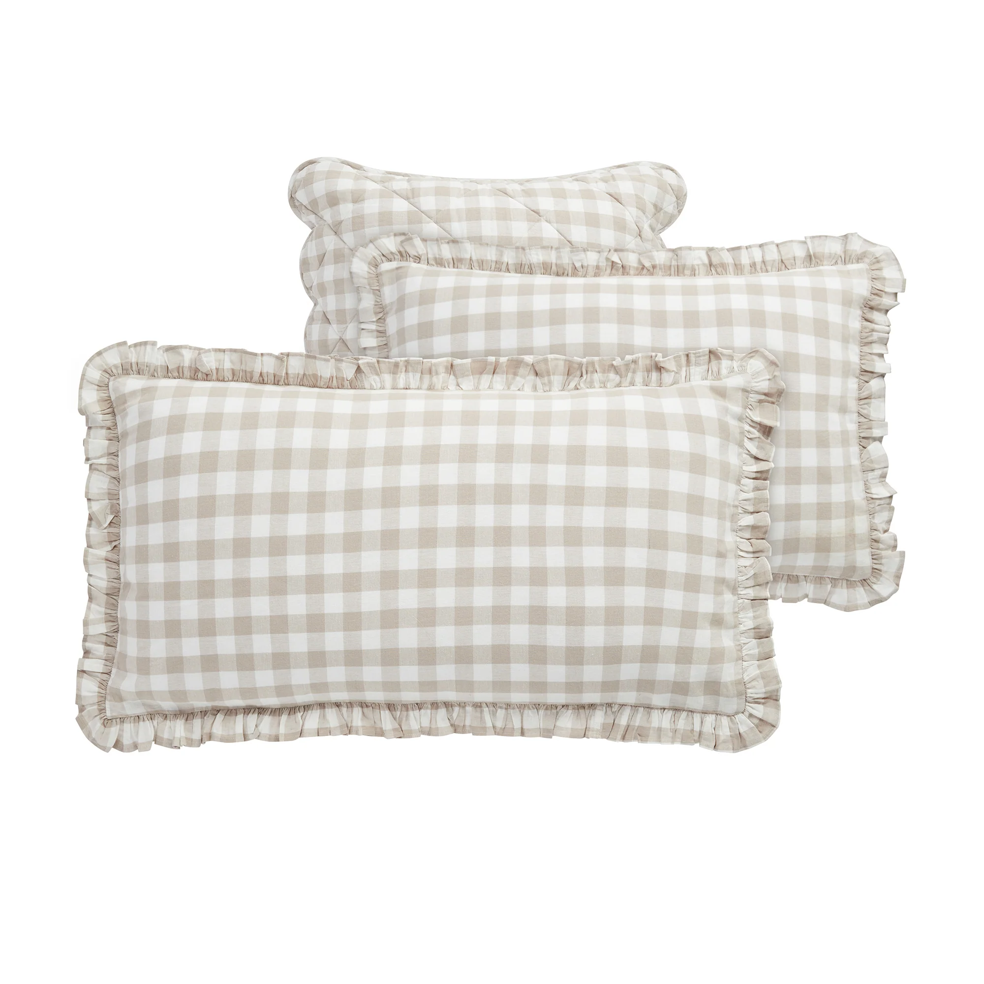 Matilda Beige Gingham Ruffle Linen Blend Pillowcases - Pair - Image 4