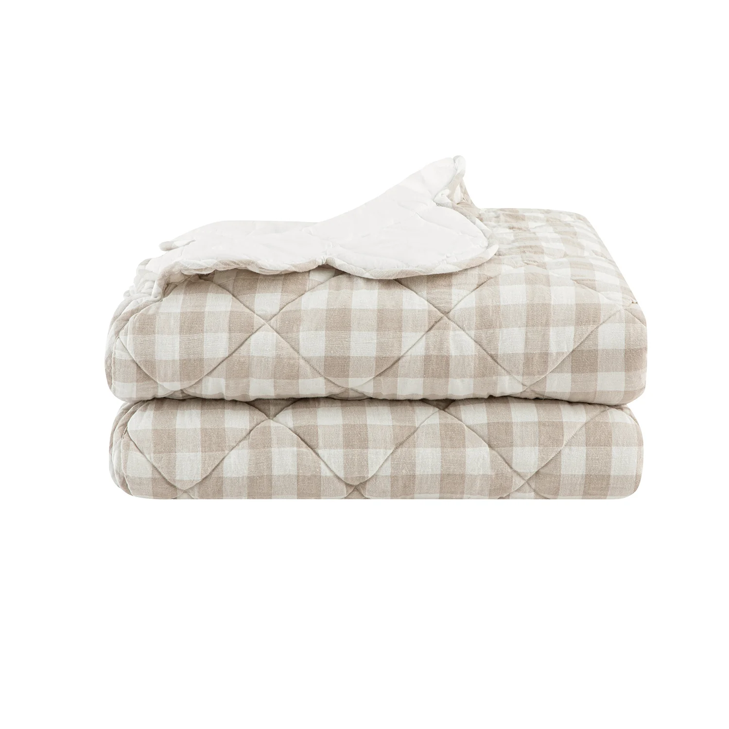 Matilda Beige Gingham Scallop Quilted Linen Blend Bedspread - Image 8