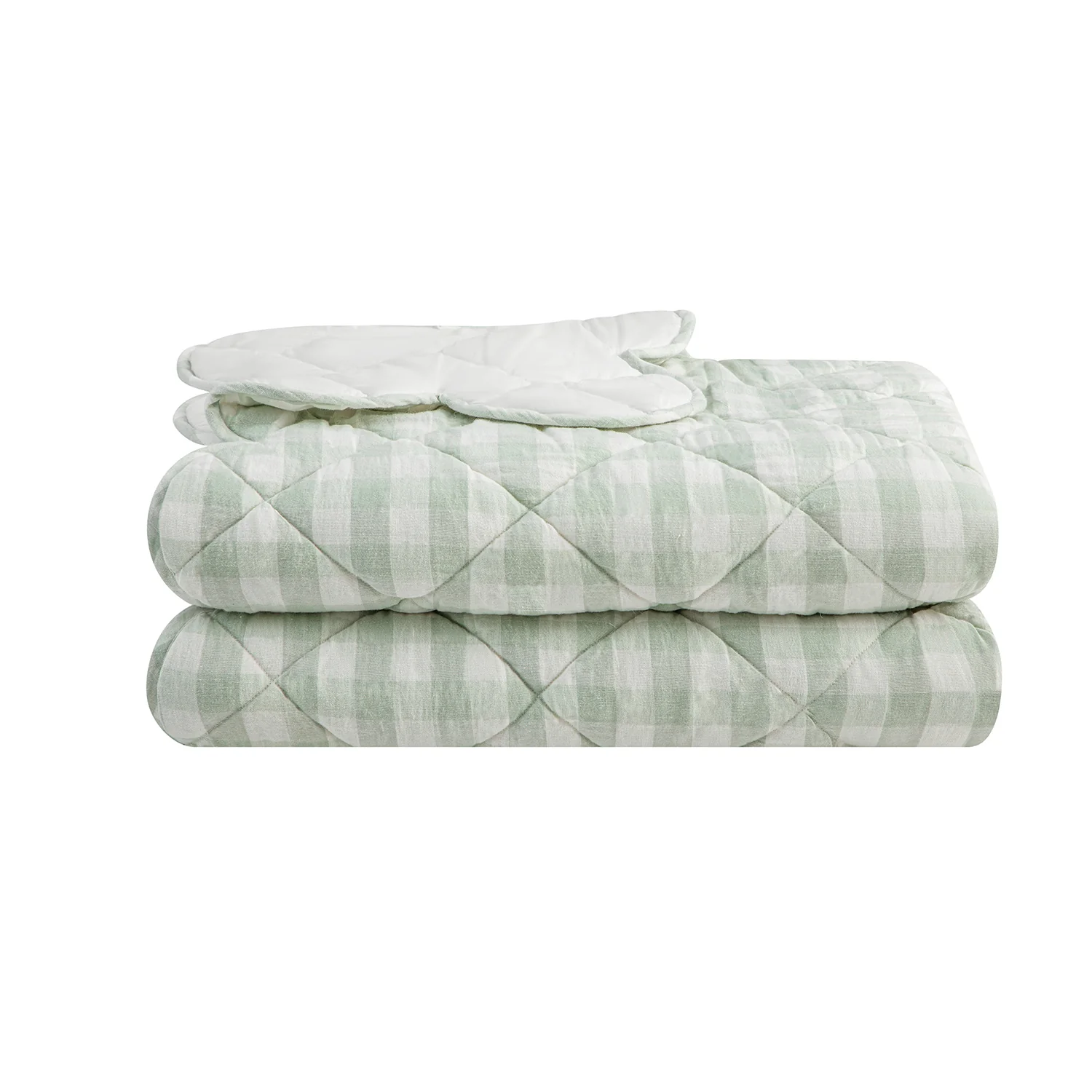 Matilda Sage Green Gingham Scallop Quilted Linen Blend Bedspread - Image 2