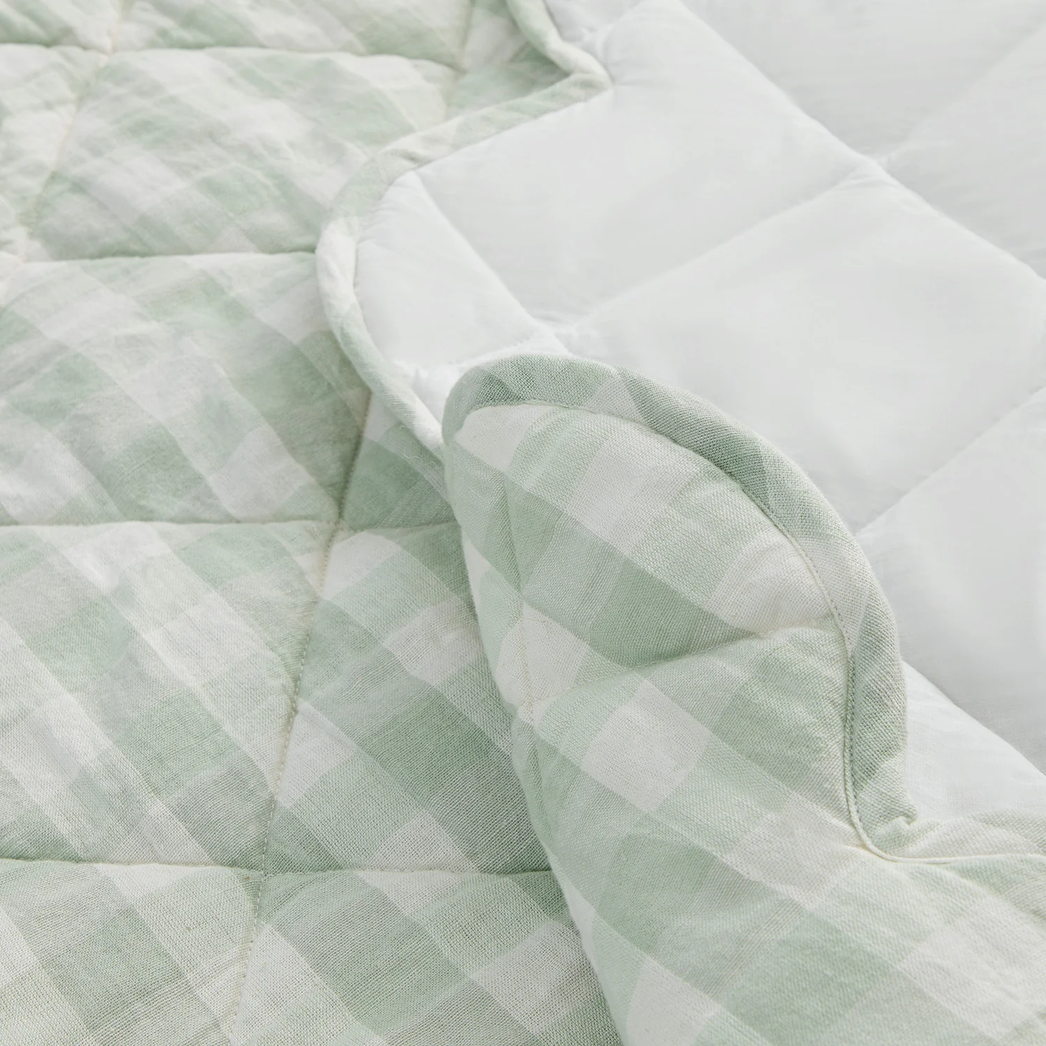 Matilda Sage Green Gingham Scallop Quilted Linen Blend Bedspread - Image 6