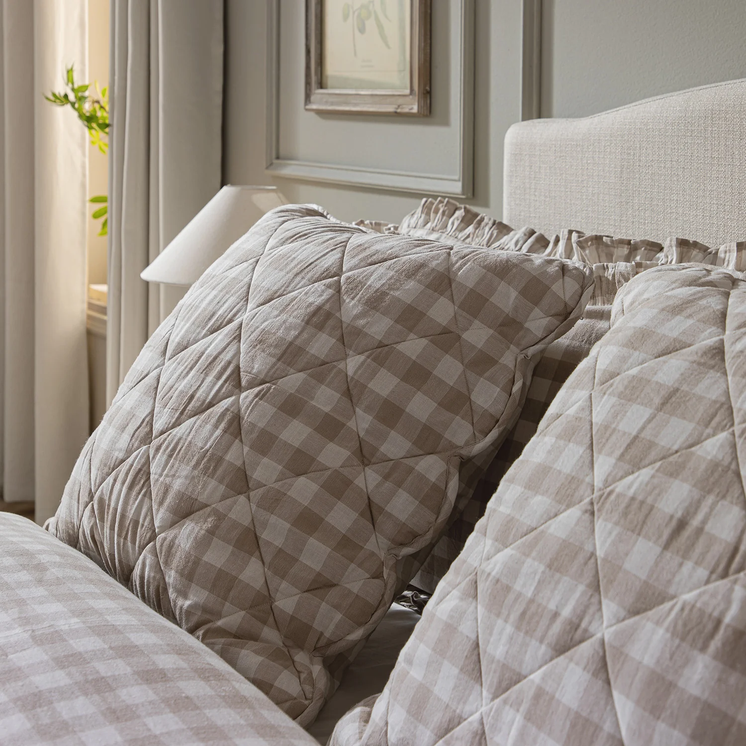 Matilda Beige Gingham Scallop Quilted Linen Blend Continental Square Pillowcases - Pair - Image 2