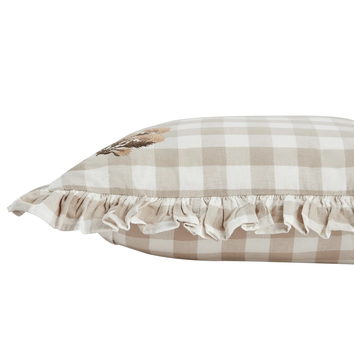 Matilda Beige Gingham Ruffle Floral Embroidered Linen Blend Cushion - Image 5