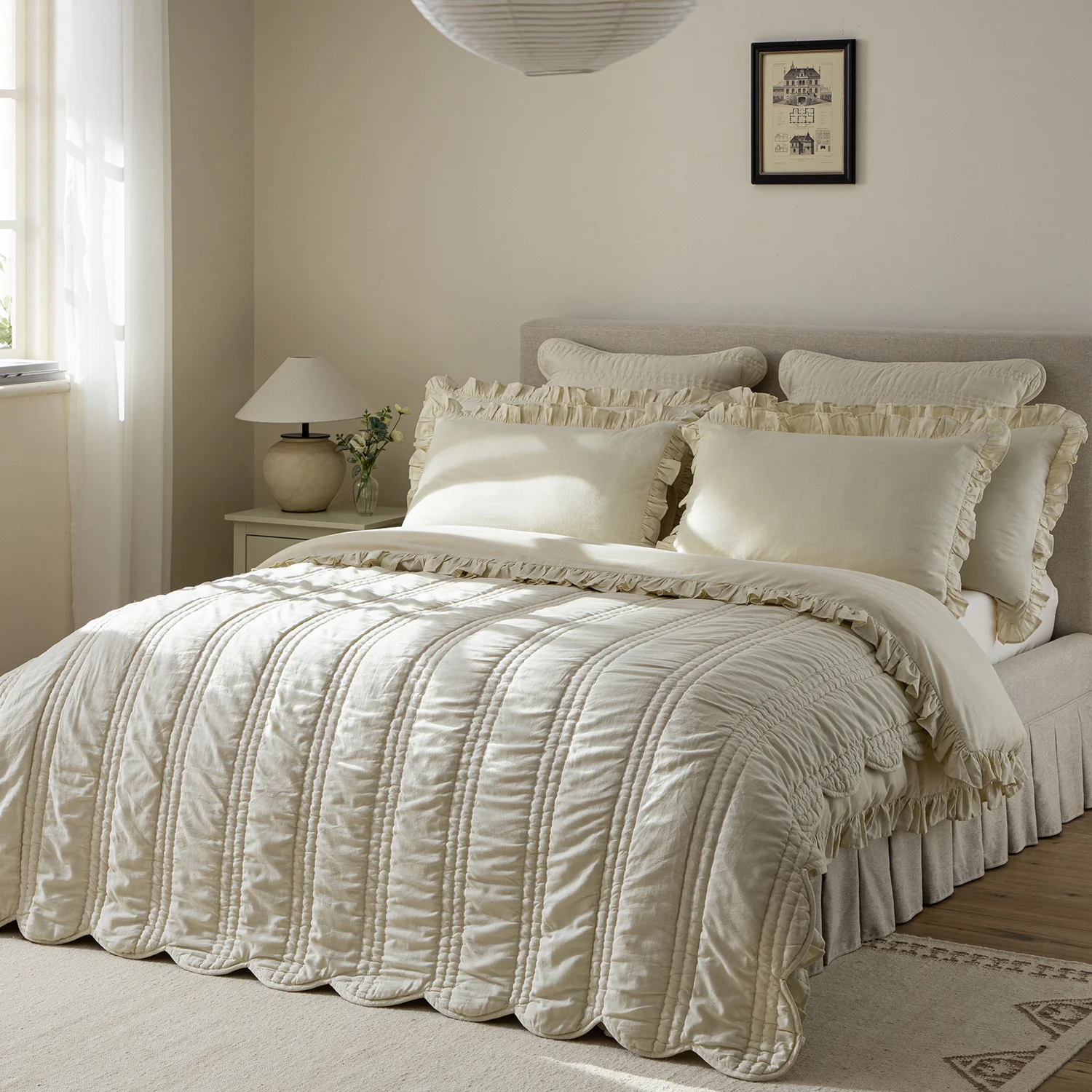 Matilda Cream Scallop Quilted Linen Blend Bedspread - Image 2