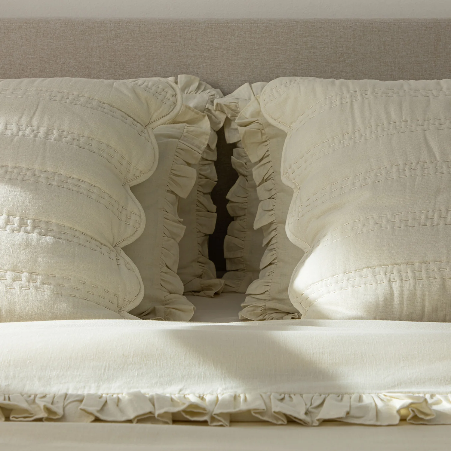 Matilda Cream Scallop Quilted Linen Blend Continental Square Pillowcases - Pair - Image 2