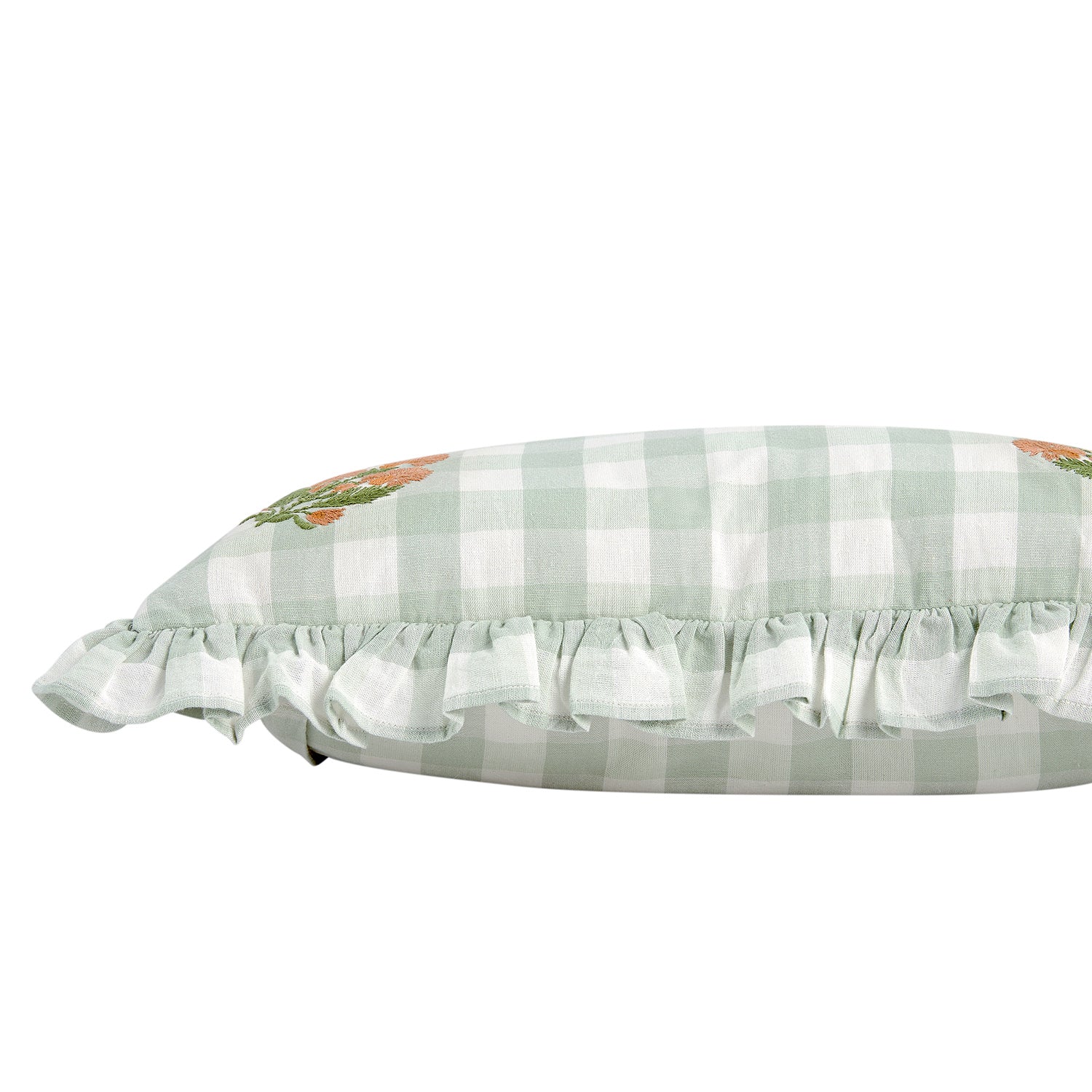 Matilda Sage Green Gingham Ruffle Floral Embroidered Linen Blend Cushion - Image 2