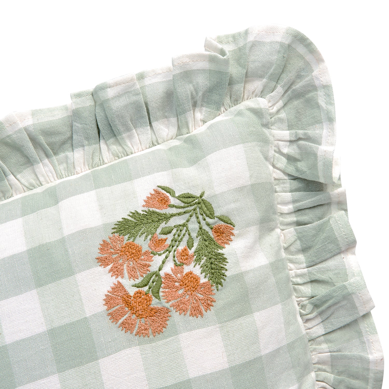 Matilda Sage Green Gingham Ruffle Floral Embroidered Linen Blend Cushion - Image 3