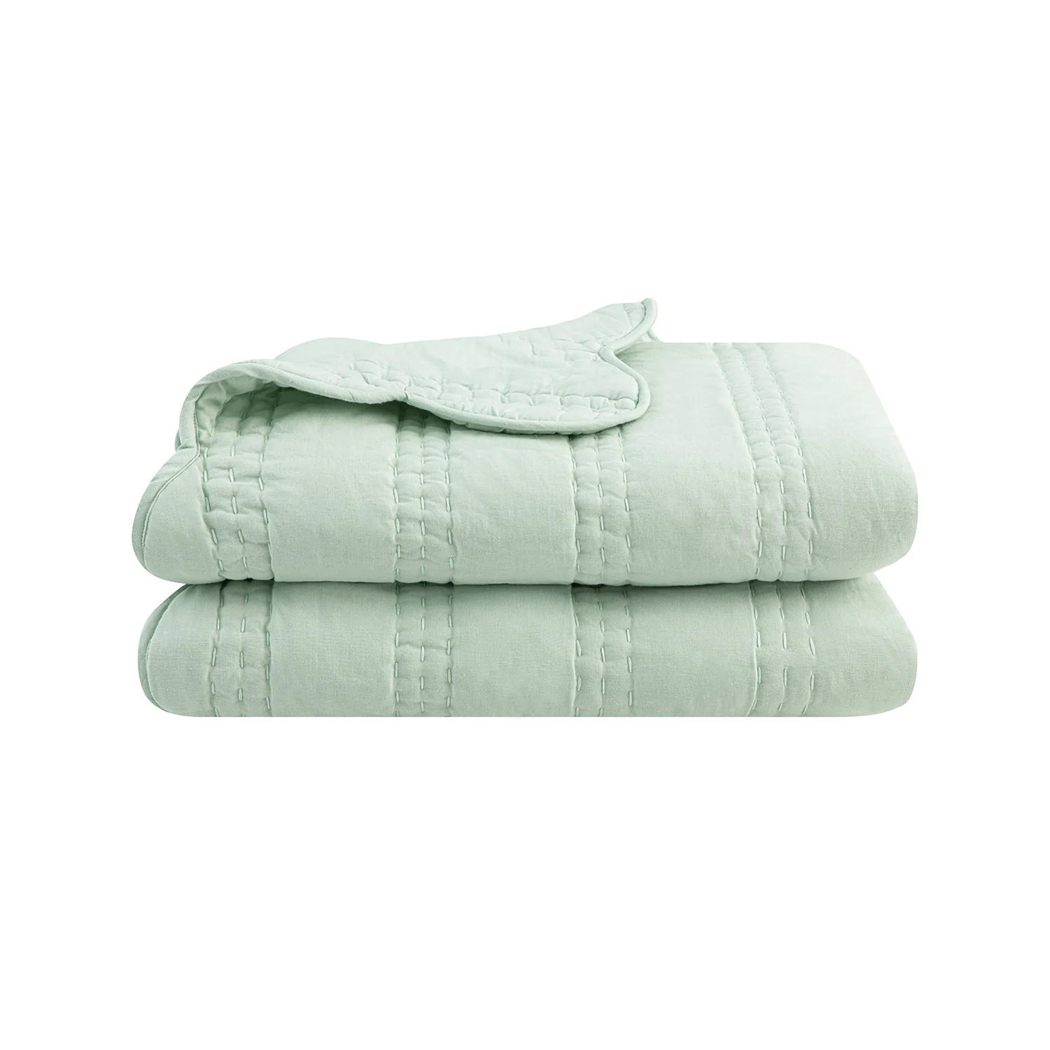 Matilda Seafoam Green Scallop Quilted Linen Blend Bedspread - Image 2