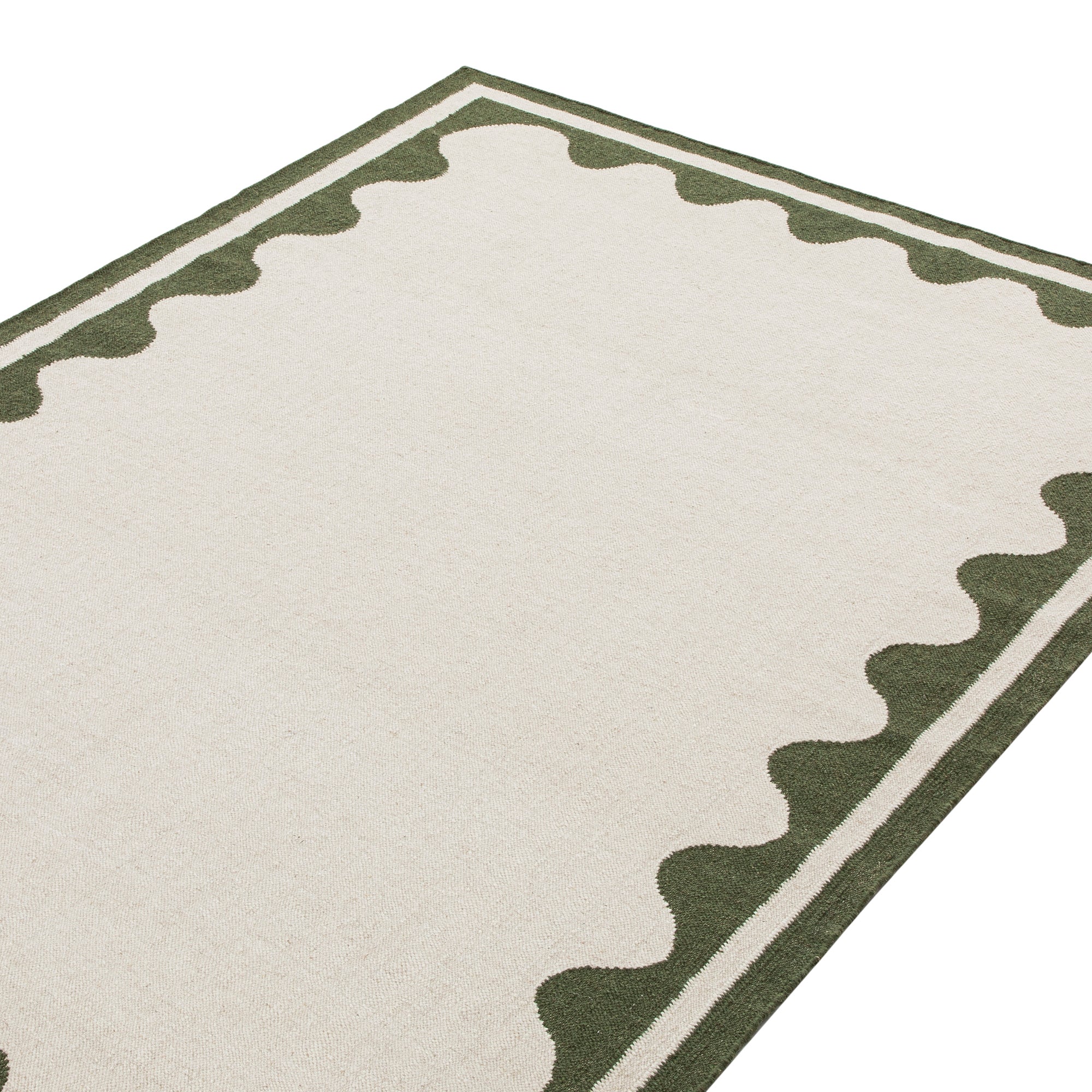 Matilda Olive Green Scallop Border Handwoven Wool Rug - Image 3
