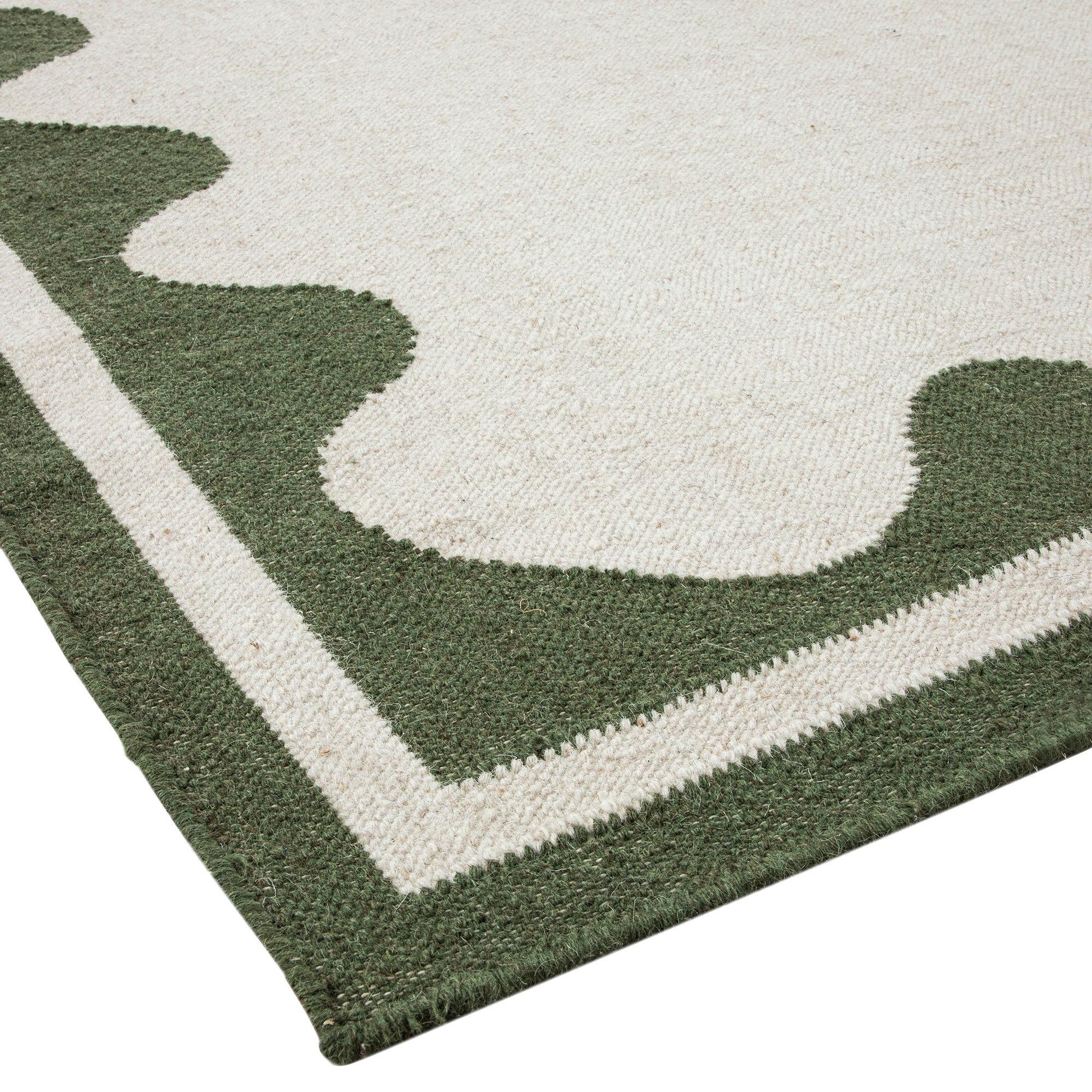 Matilda Olive Green Scallop Border Handwoven Wool Rug - Image 5
