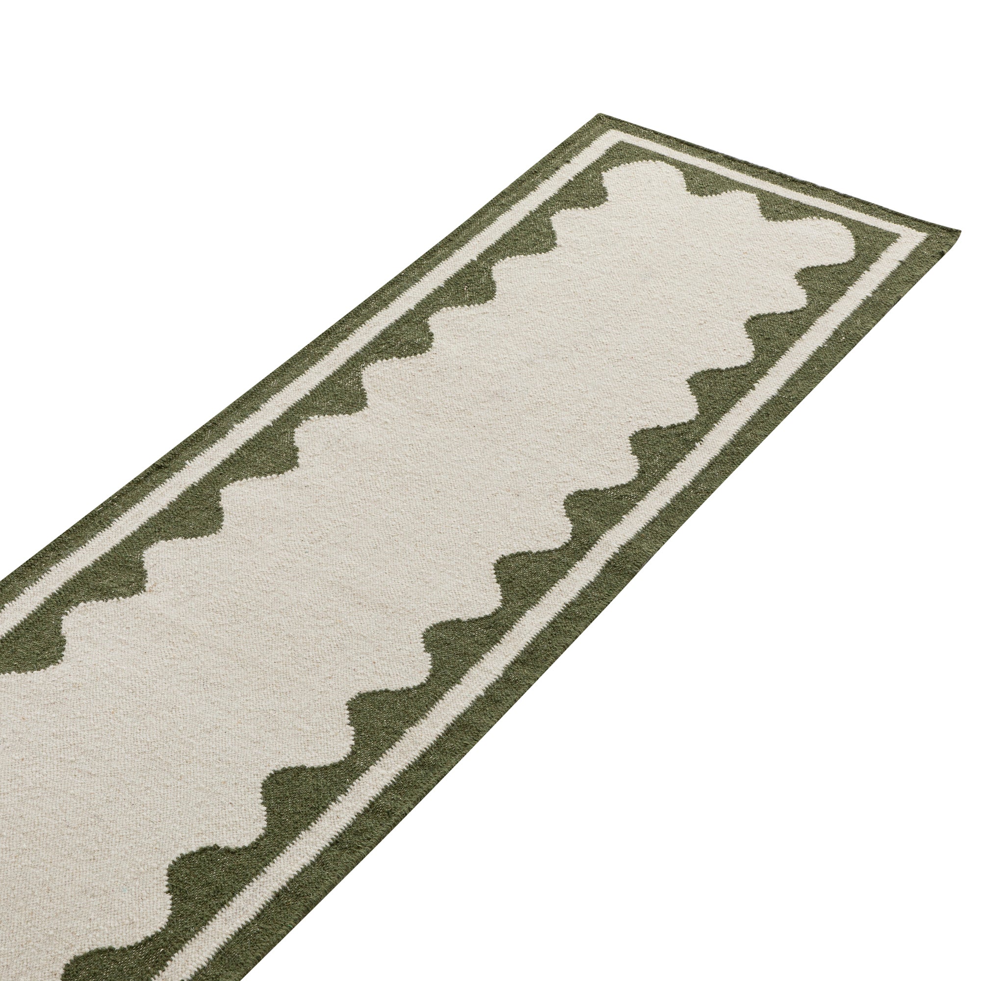 Matilda Olive Green Scallop Border Handwoven Wool Runner - Image 2