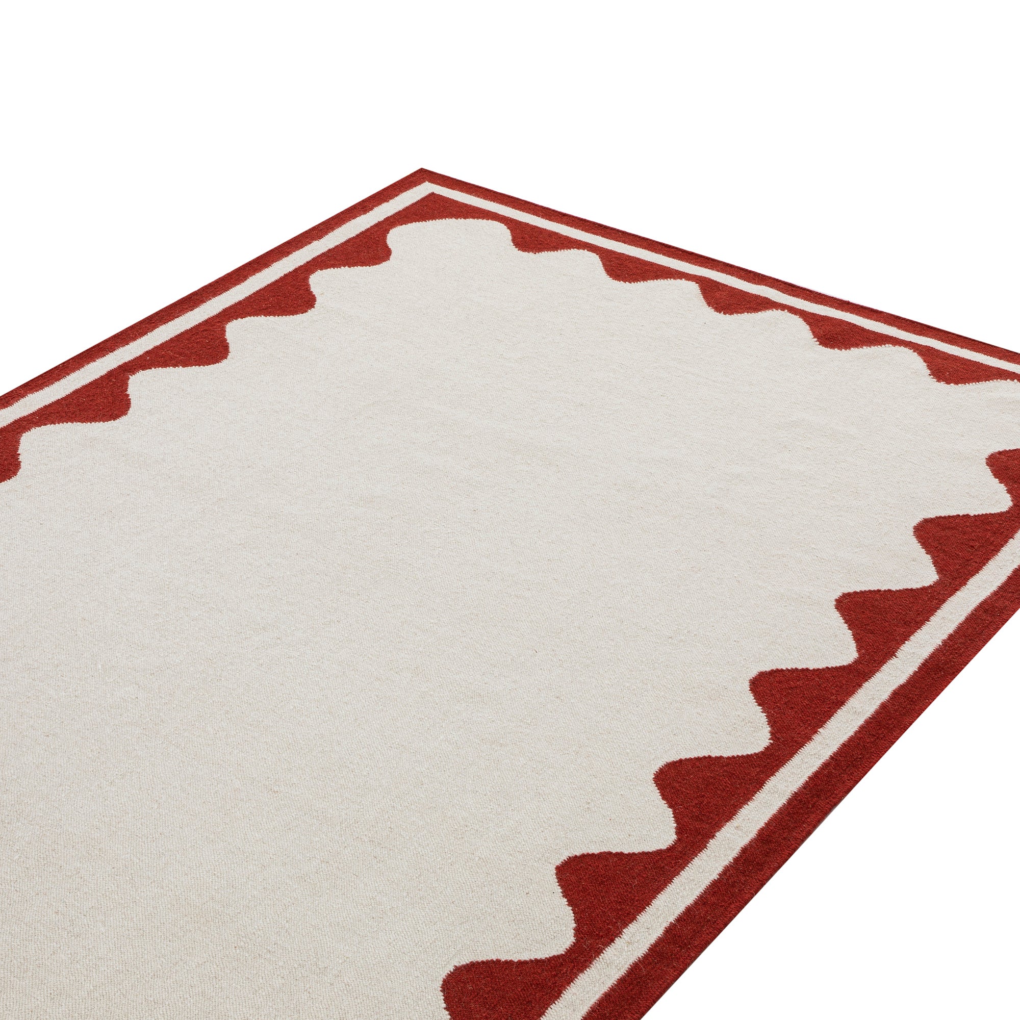Matilda Scarlet Red Scallop Border Handwoven Wool Rug - Image 3