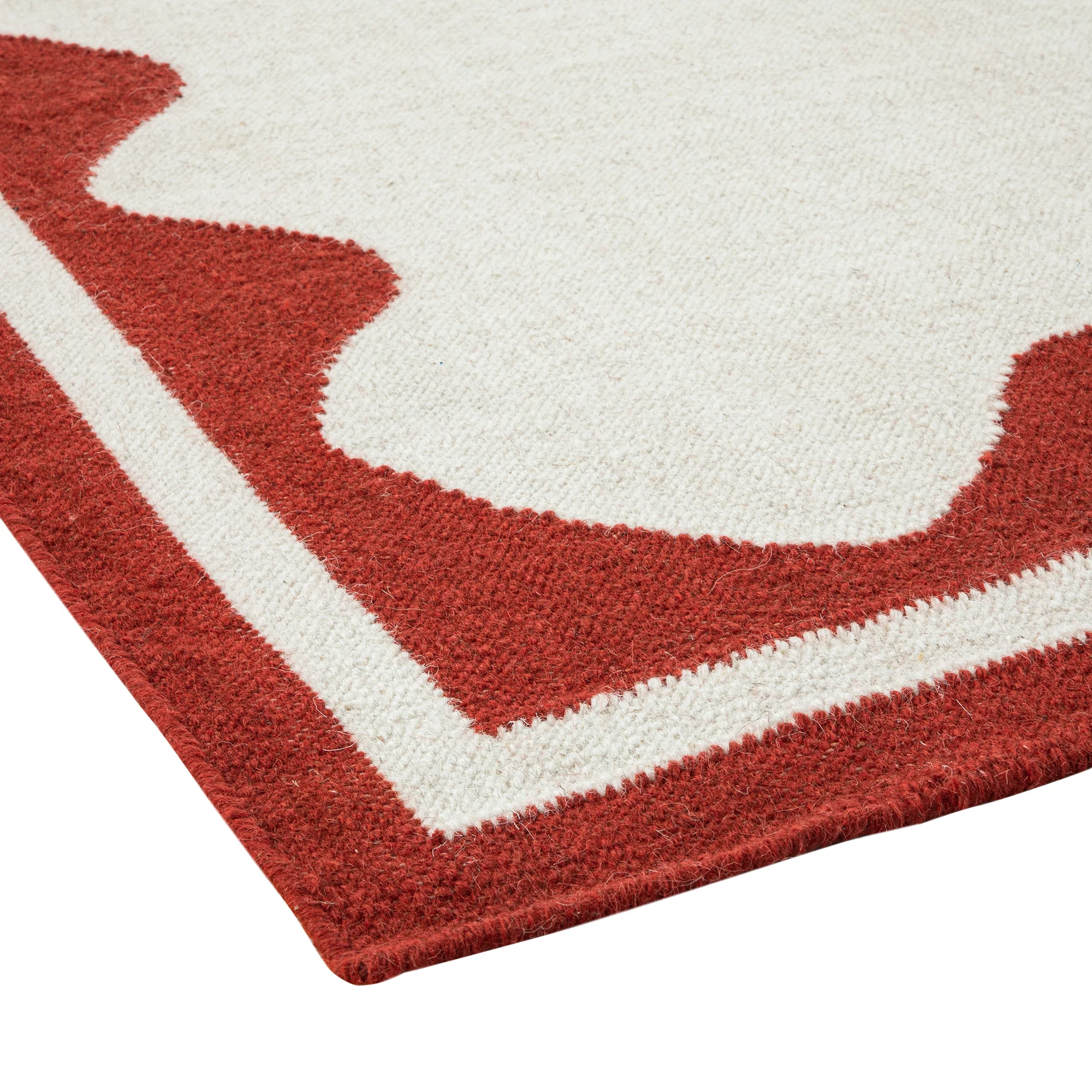 Matilda Scarlet Red Scallop Border Handwoven Wool Rug - Image 5