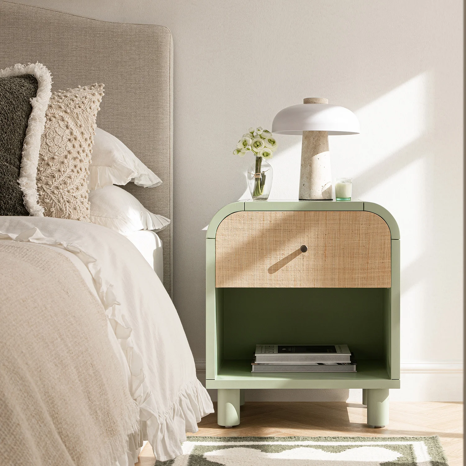Maude 1 Drawer Bedside Table, Muted Pistachio Ash with Raffia - Image 2