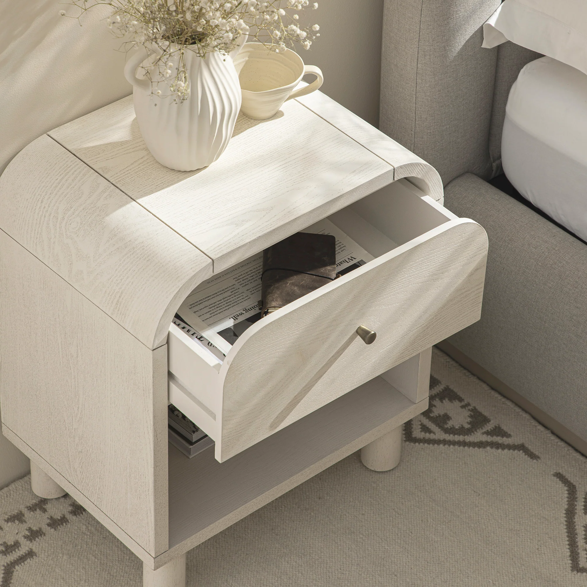 Maude 1 Drawer Bedside Table, Washed White Ash - Image 4