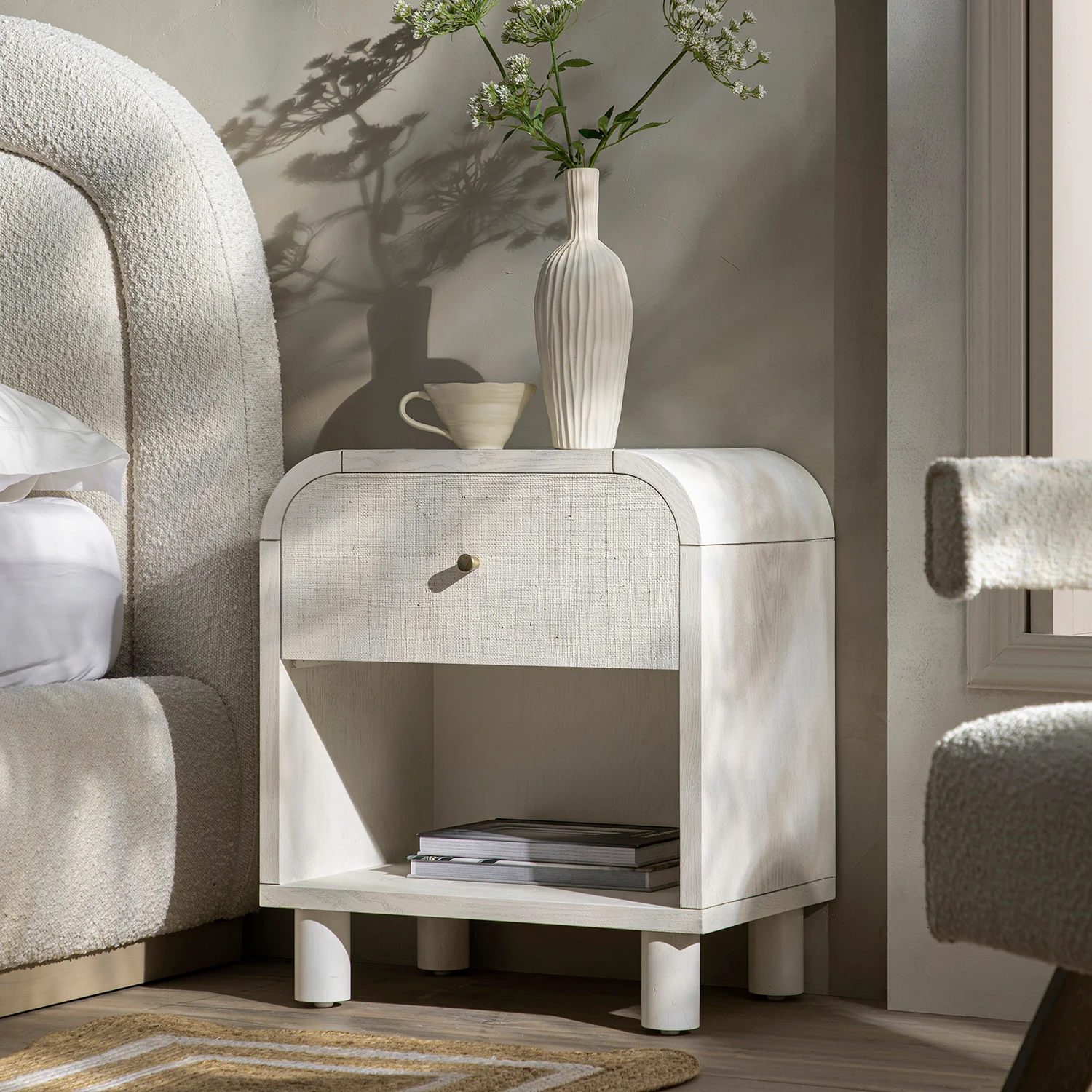 Maude 1 Drawer Bedside Table, Washed White Ash with Raffia - Image 2