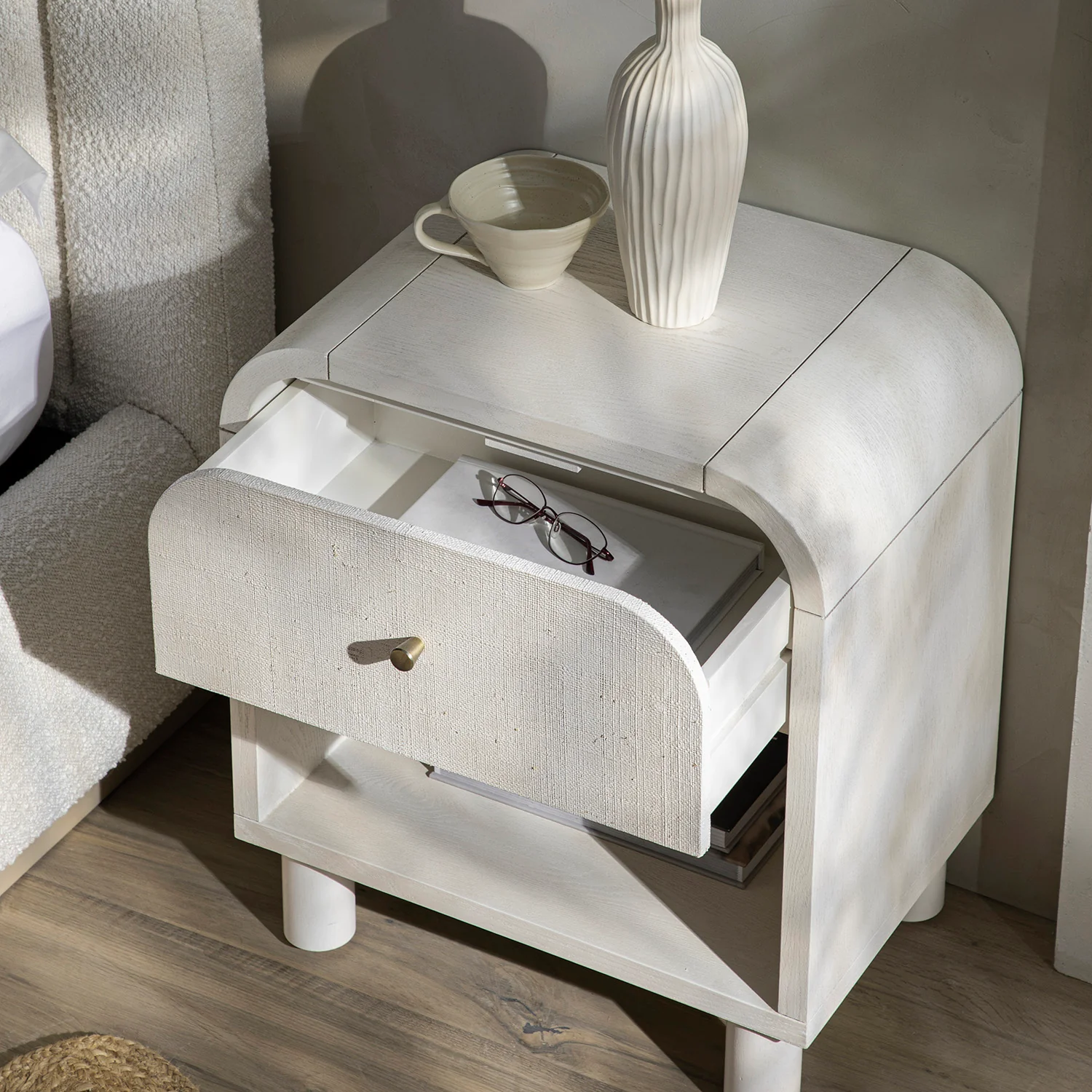 Maude 1 Drawer Bedside Table, Washed White Ash with Raffia - Image 3