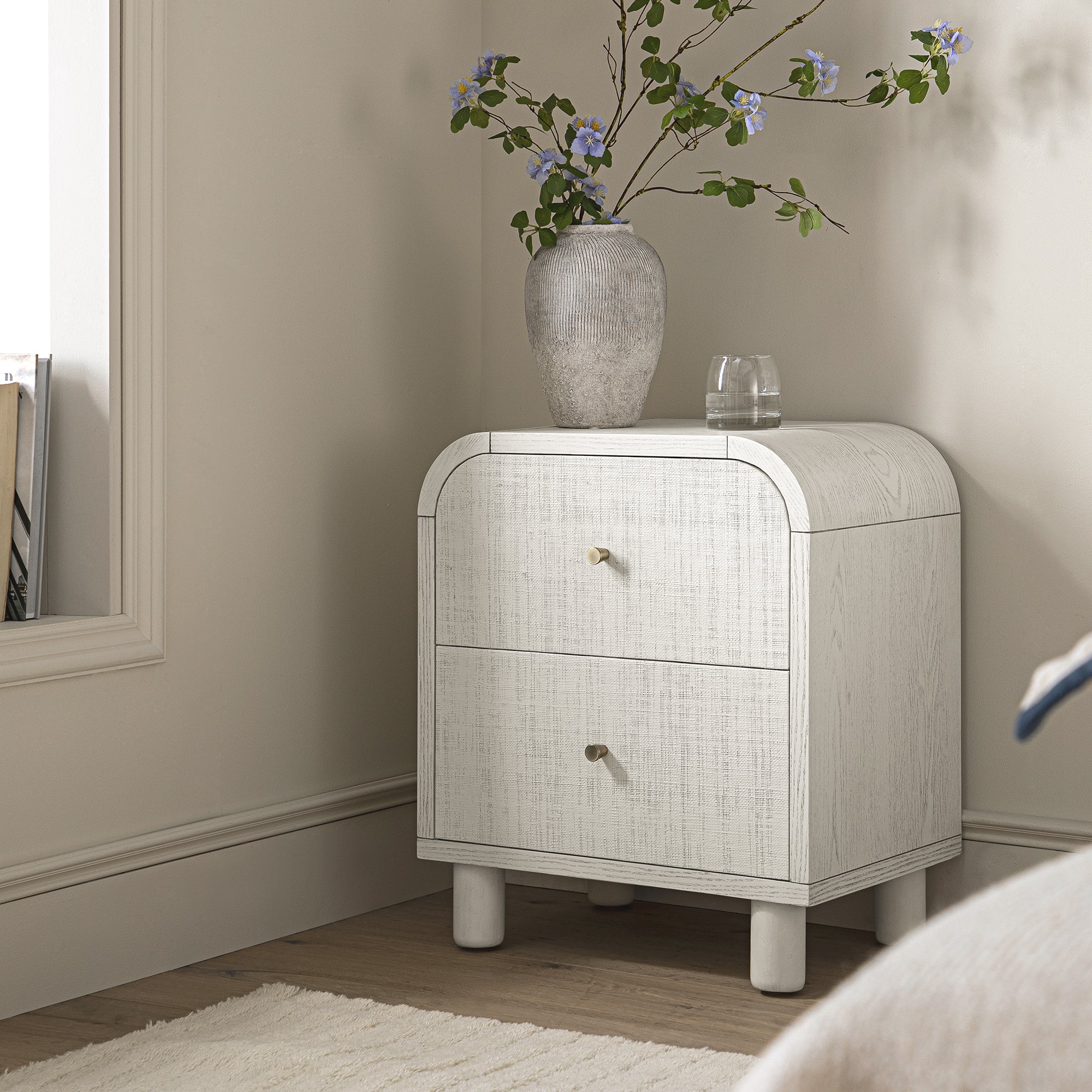 Maude 2 Drawer Bedside Table, Washed White Ash with Raffia - Image 3