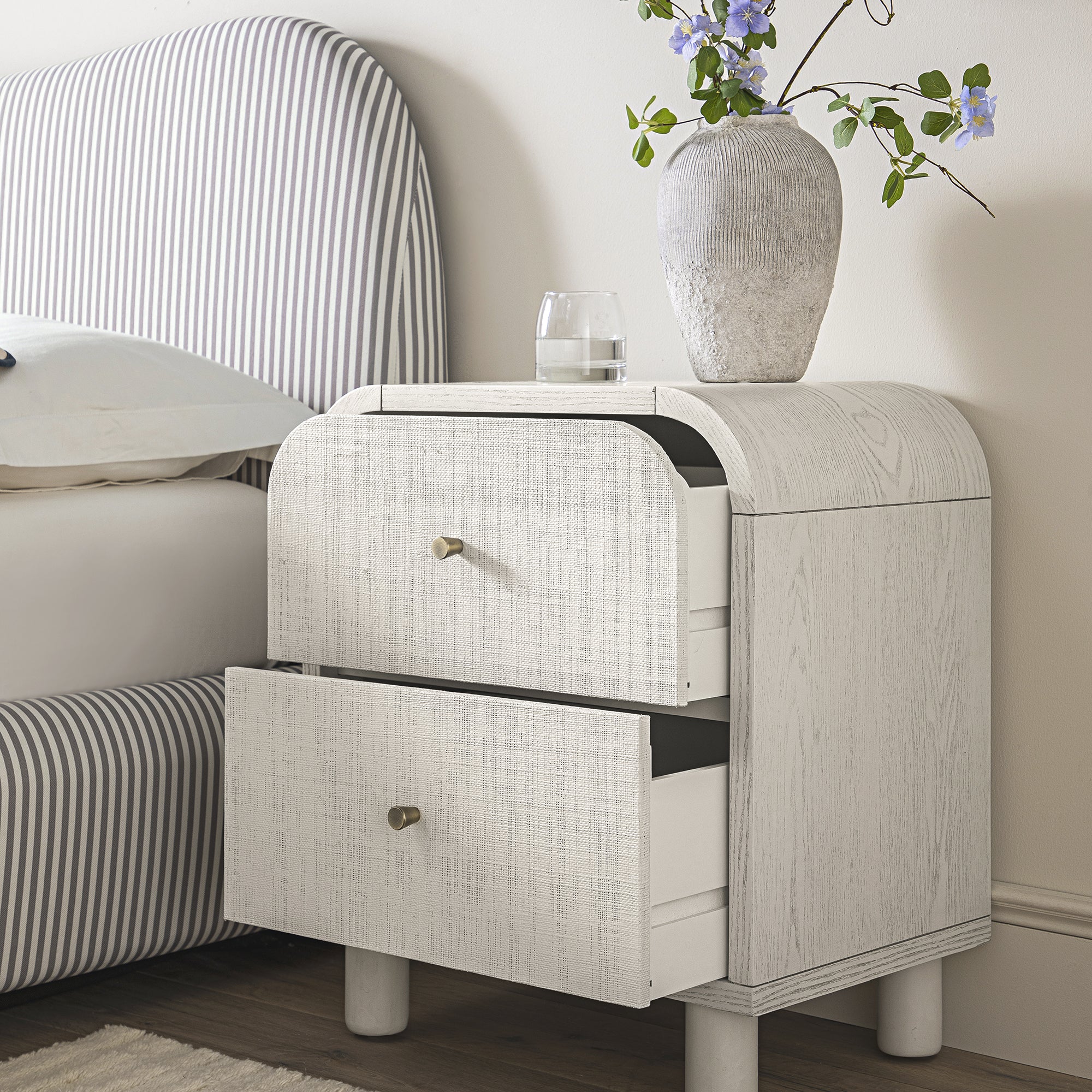 Maude 2 Drawer Bedside Table, Washed White Ash with Raffia - Image 4