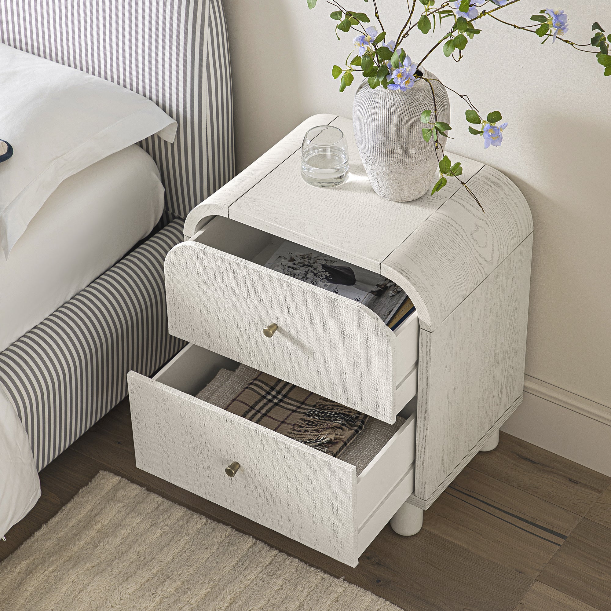 Maude 2 Drawer Bedside Table, Washed White Ash with Raffia - Image 5